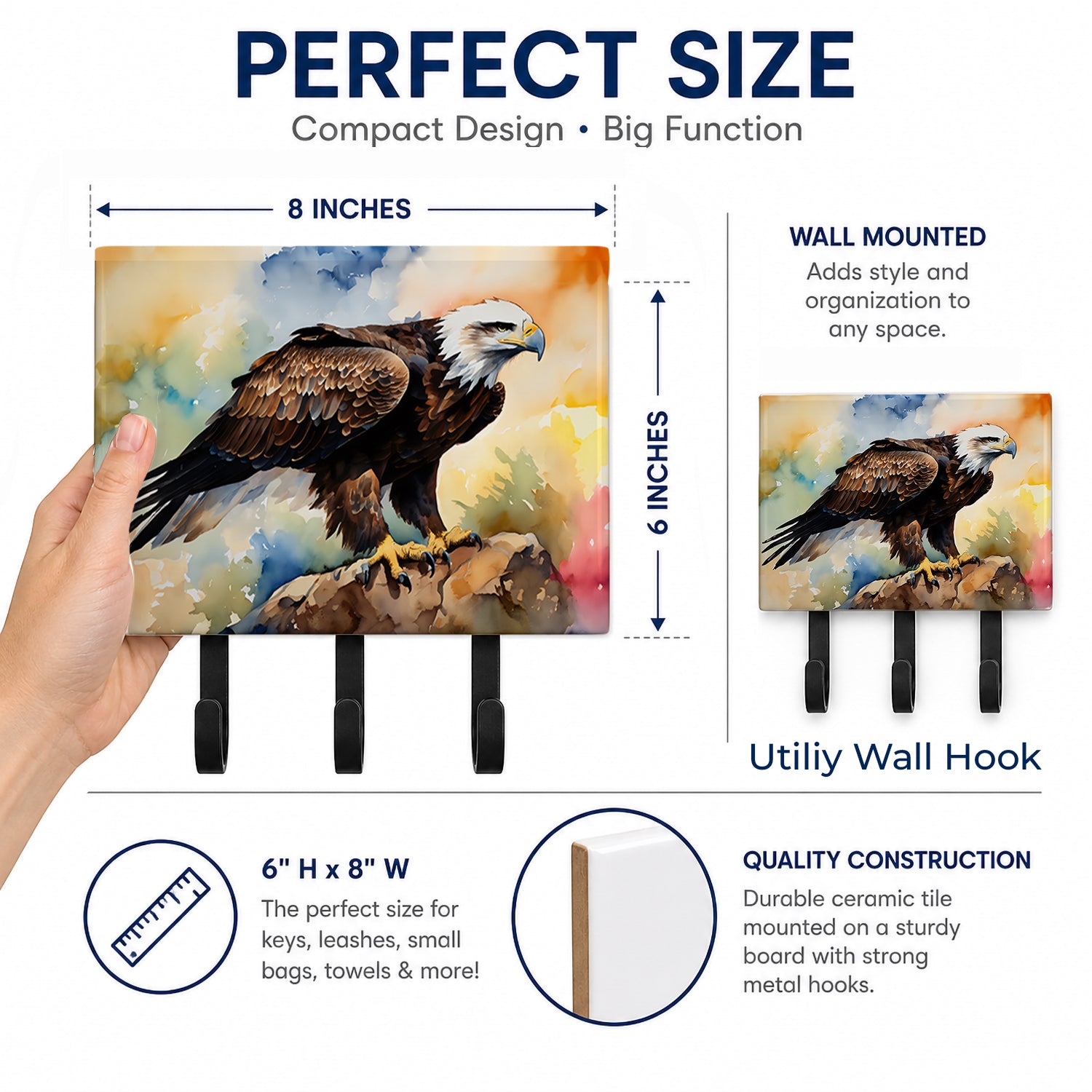 Bald Eagle Perched Rock Wildlife Leash or Key Holder Wall Hooks, Coat Rack Wall Mount, for Hanging Keys, Towels, Aprons, Leashes