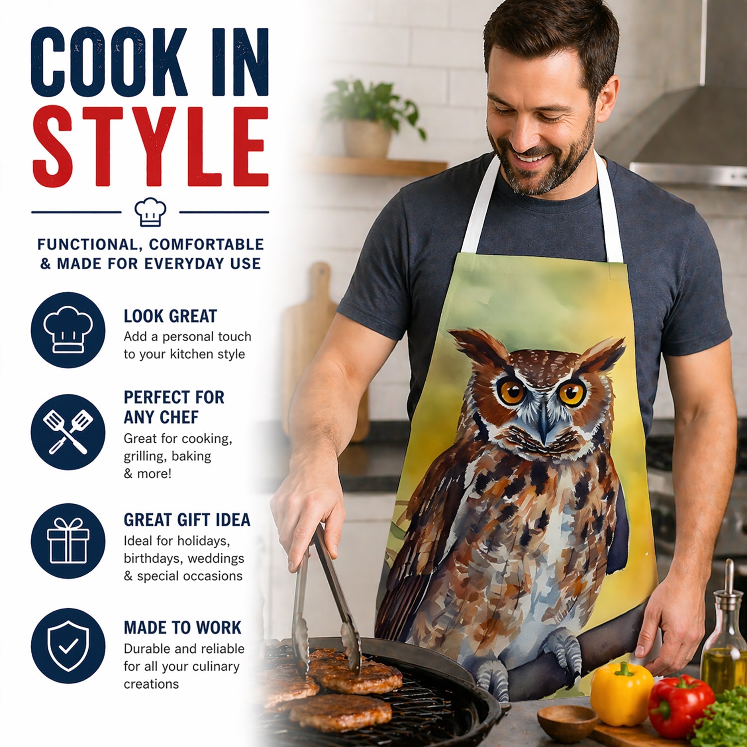 Eastern Screech Owl Wildlife Portrait Apron Cooking Kitchen Server Baking Crafts Gardening for Adult Women Men, Unisex, Large, Multicolor