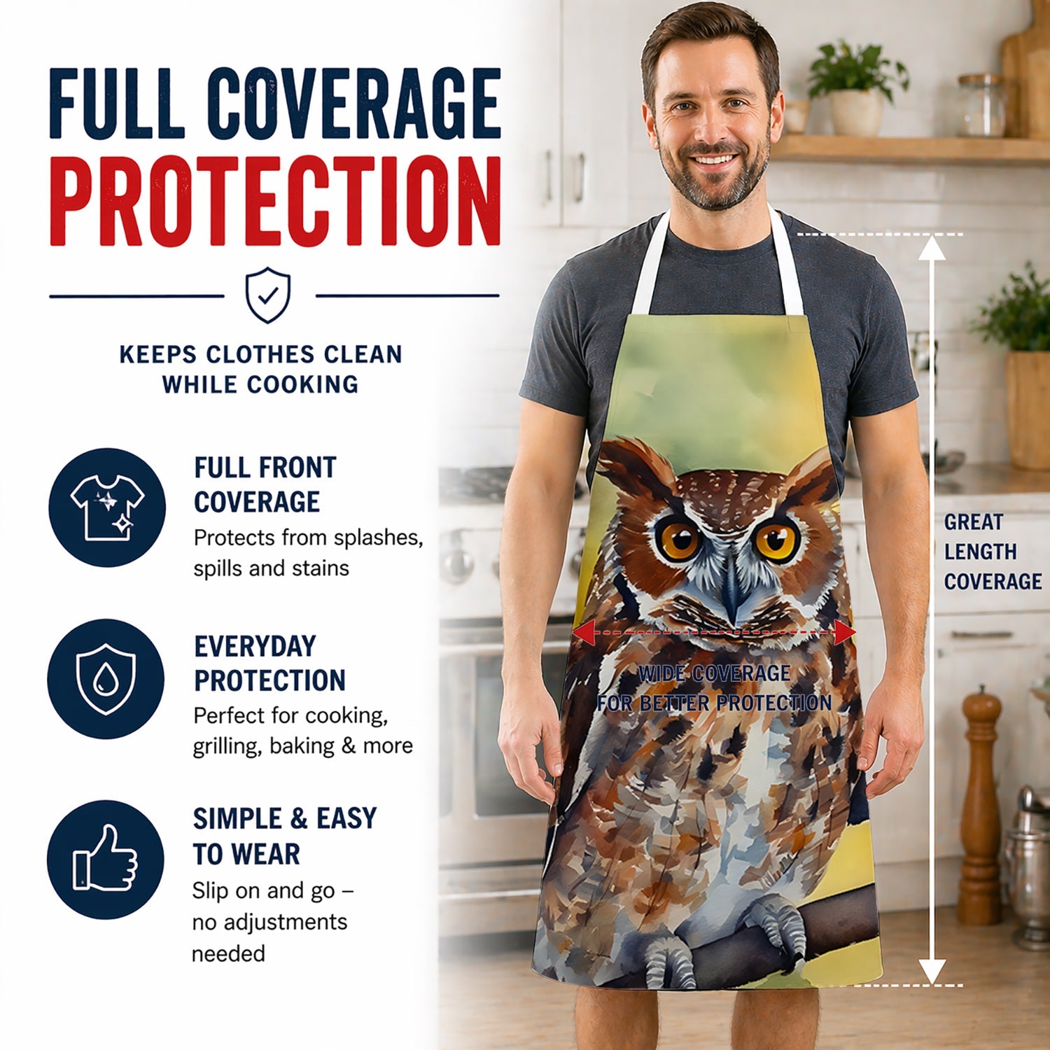 Eastern Screech Owl Wildlife Portrait Apron Cooking Kitchen Server Baking Crafts Gardening for Adult Women Men, Unisex, Large, Multicolor