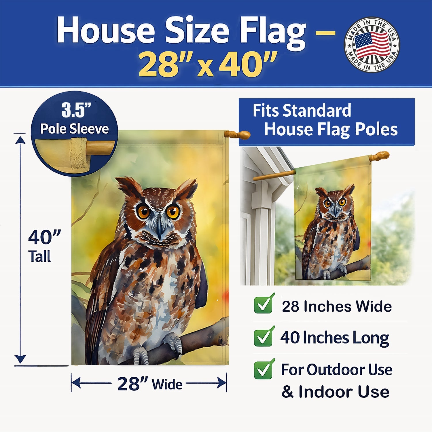 Eastern Screech Owl Wildlife Portrait House Flag 28x40 Porch Sleeve Pole Decorative Outside Yard Banner Artwork Wall Hanging, Polyester