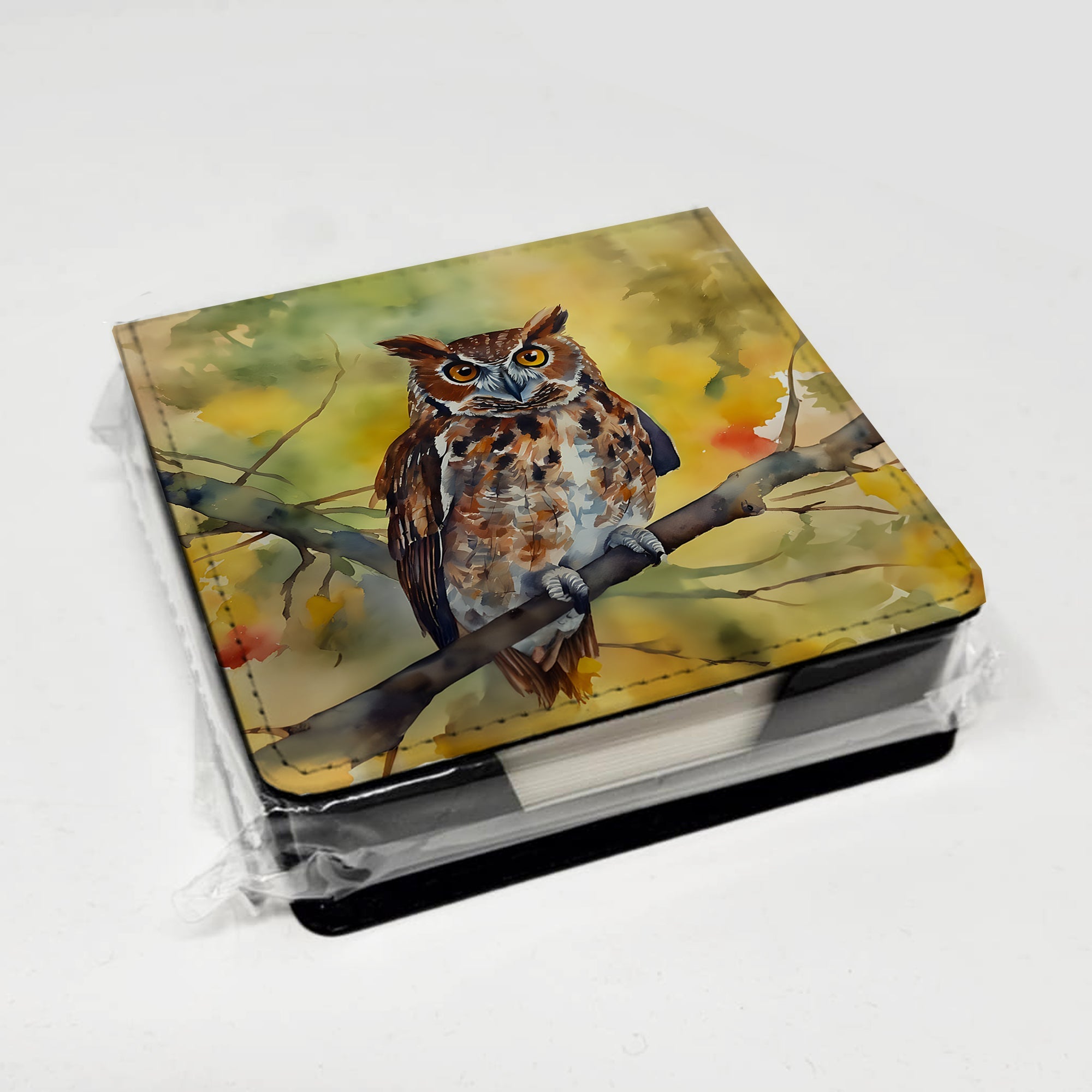 Eastern Screech Owl Wildlife Portrait PU Leather Note Paper Holder with Artist-Designed Cover, Desk Accessory, Office Gift
