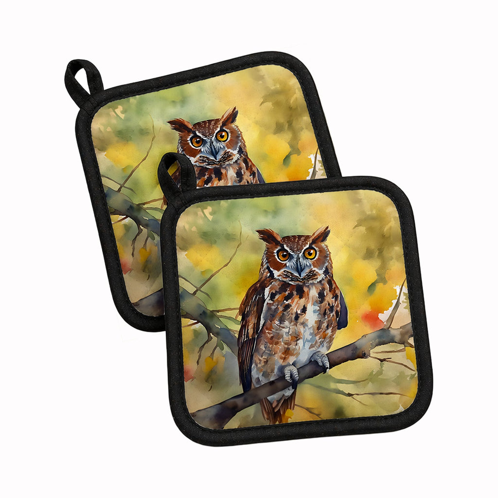 Eastern Screech Owl Wildlife Portrait Pot Holder Set of 2 Heat Resistant Quilted Hot Pads 7.5 x 7.5 Inch, Insulated Kitchen Trivets for Cooking & Baking