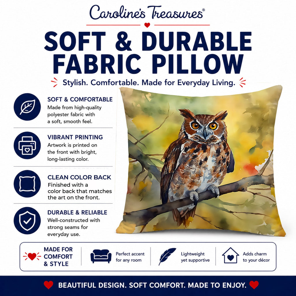 Eastern Screech Owl Wildlife Portrait Decorative Throw Pillow 14x14 Indoor Outdoor Accent Cushion, Fabric Cover with Insert for Sofa, Bed, Porch & Living Room