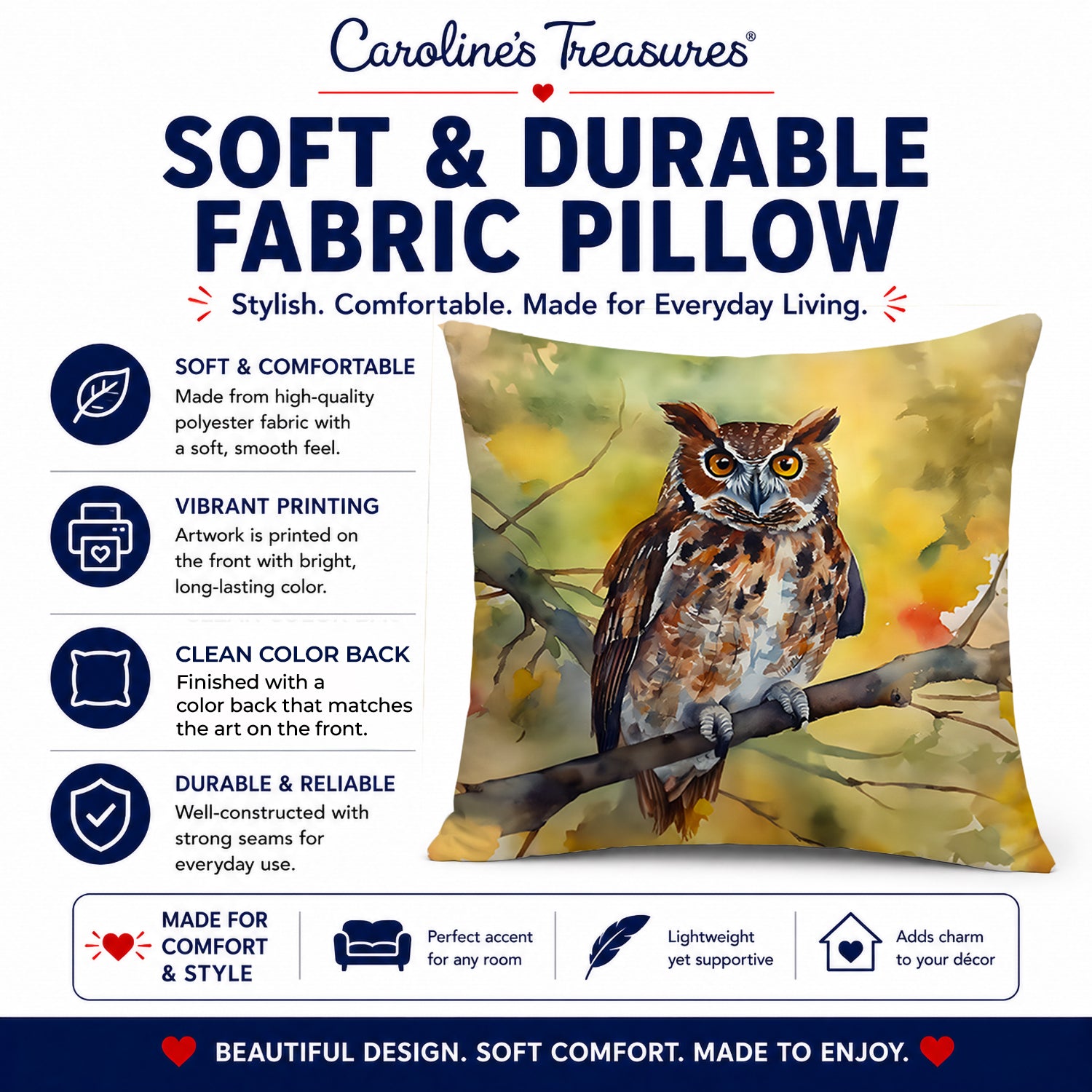 Eastern Screech Owl Wildlife Portrait Decorative Throw Pillow 18x18 Indoor Outdoor Accent Cushion, Fabric Cover with Insert for Sofa, Bed, Porch & Living Room