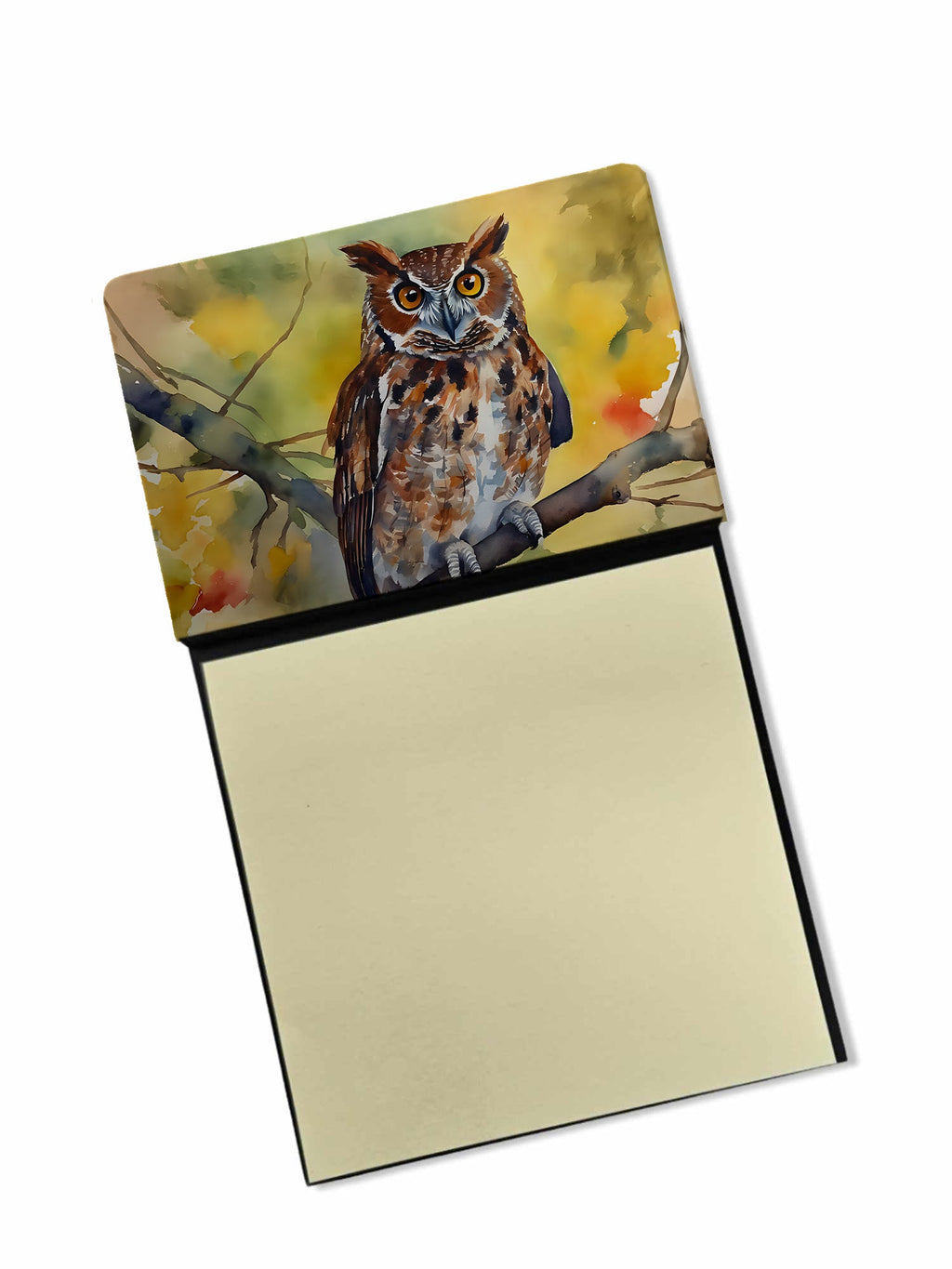 Eastern Screech Owl Wildlife Portrait Watercolor Sticky Note Holder Refillable Dispenser Desk Accessory 3x3 Pad Gift