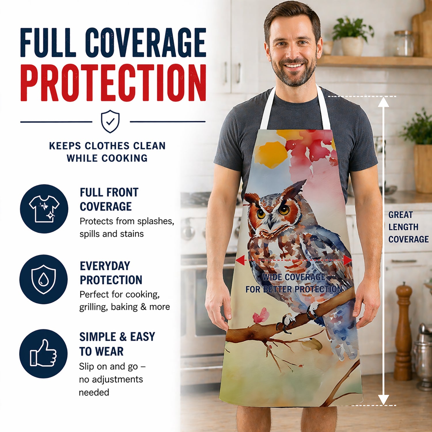 Eastern Screech Owl with Blossoms Apron Cooking Kitchen Server Baking Crafts Gardening for Adult Women Men, Unisex, Large, Multicolor