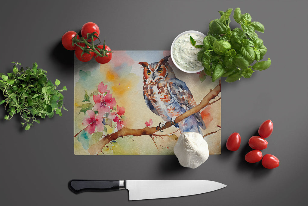 Eastern Screech Owl with Blossoms Cutting Board Tempered Glass Kitchen Cutting Surface, Heat Resistant Chopping, Non-Slip Feet, Food Prep & Serving