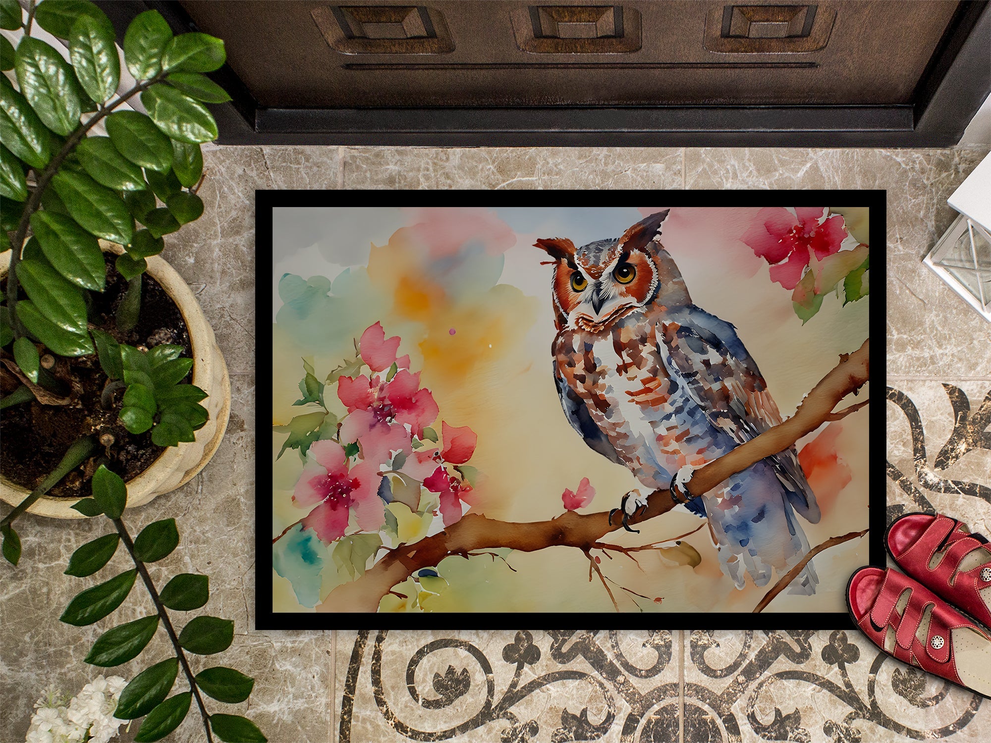 Eastern Screech Owl with Blossoms Doormat Indoor Outdoor 18H X 27W Front Door Mat Rugs for Entryway, Non Slip Washable