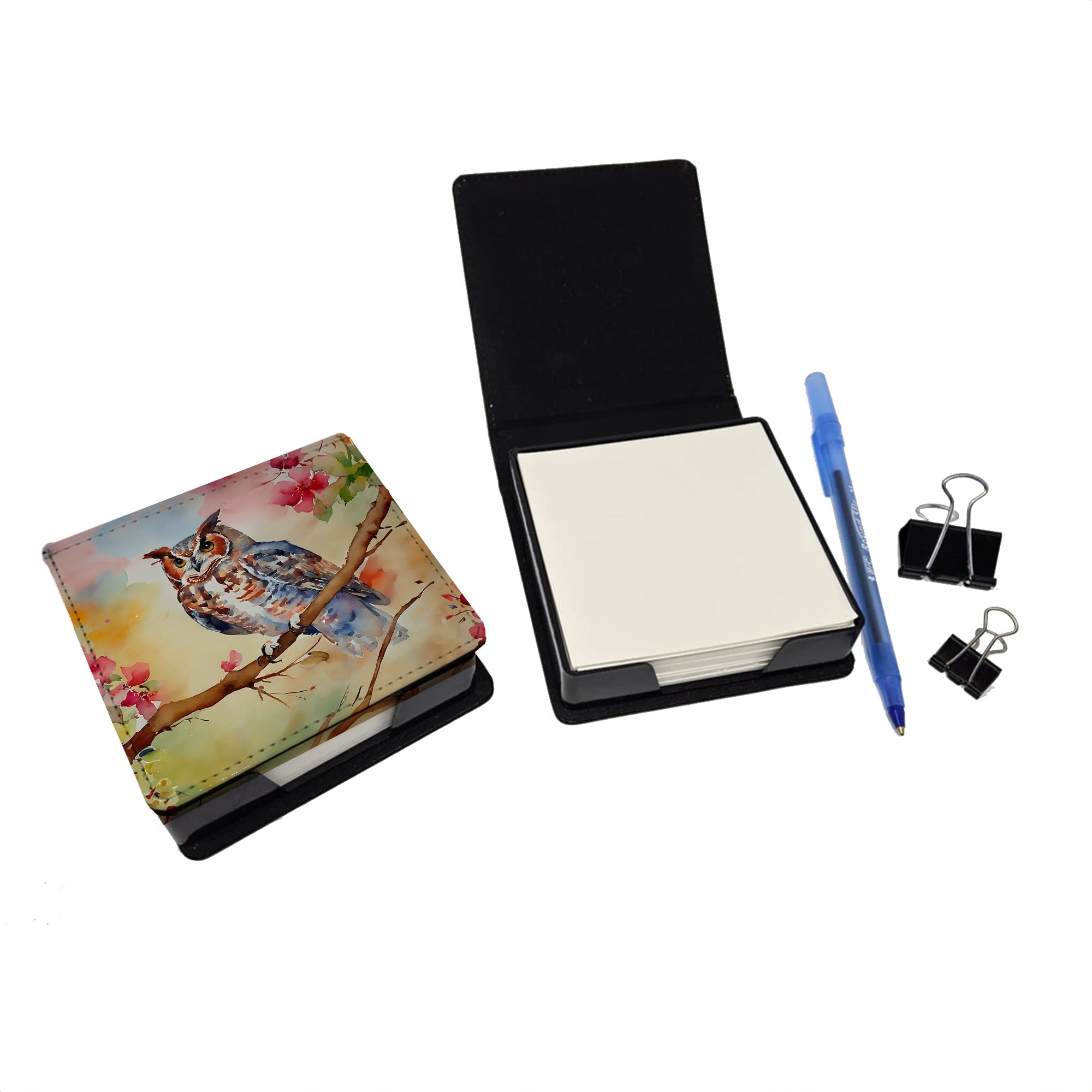 Eastern Screech Owl with Blossoms PU Leather Note Paper Holder with Artist-Designed Cover, Desk Accessory, Office Gift