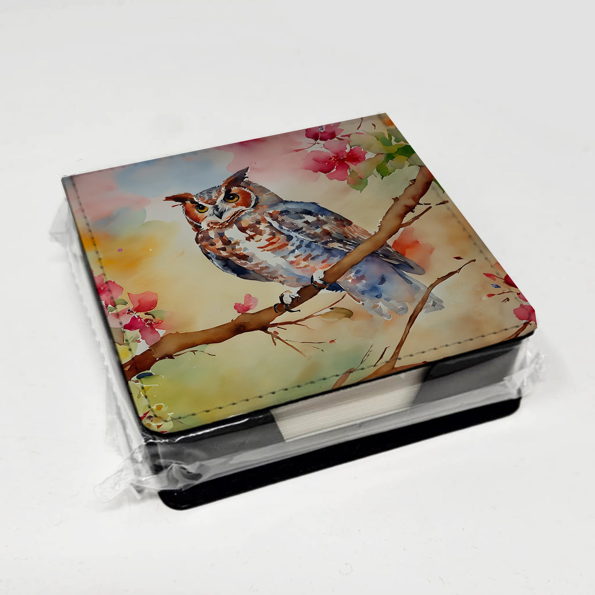 Eastern Screech Owl with Blossoms PU Leather Note Paper Holder with Artist-Designed Cover, Desk Accessory, Office Gift