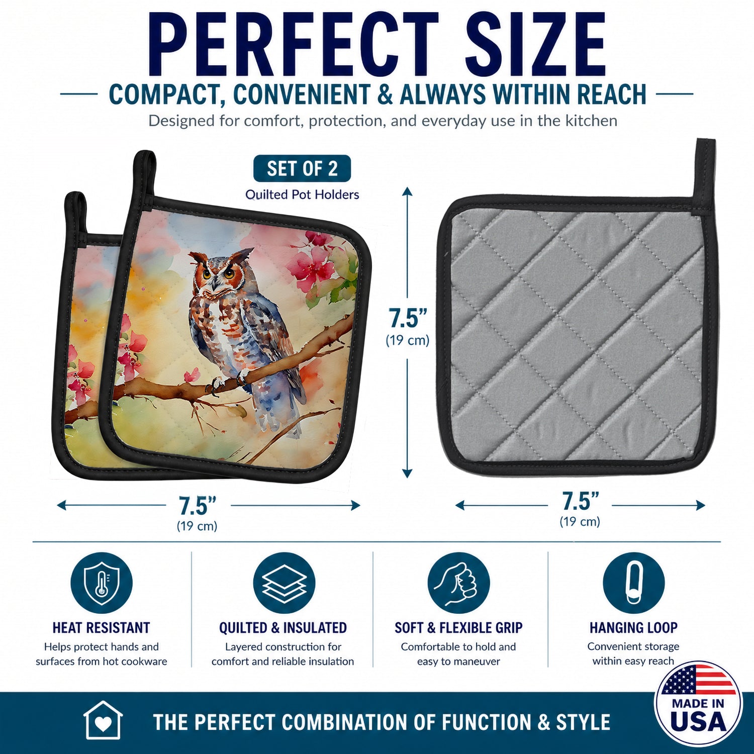 Eastern Screech Owl with Blossoms Pot Holder Set of 2 Heat Resistant Quilted Hot Pads 7.5 x 7.5 Inch, Insulated Kitchen Trivets for Cooking & Baking