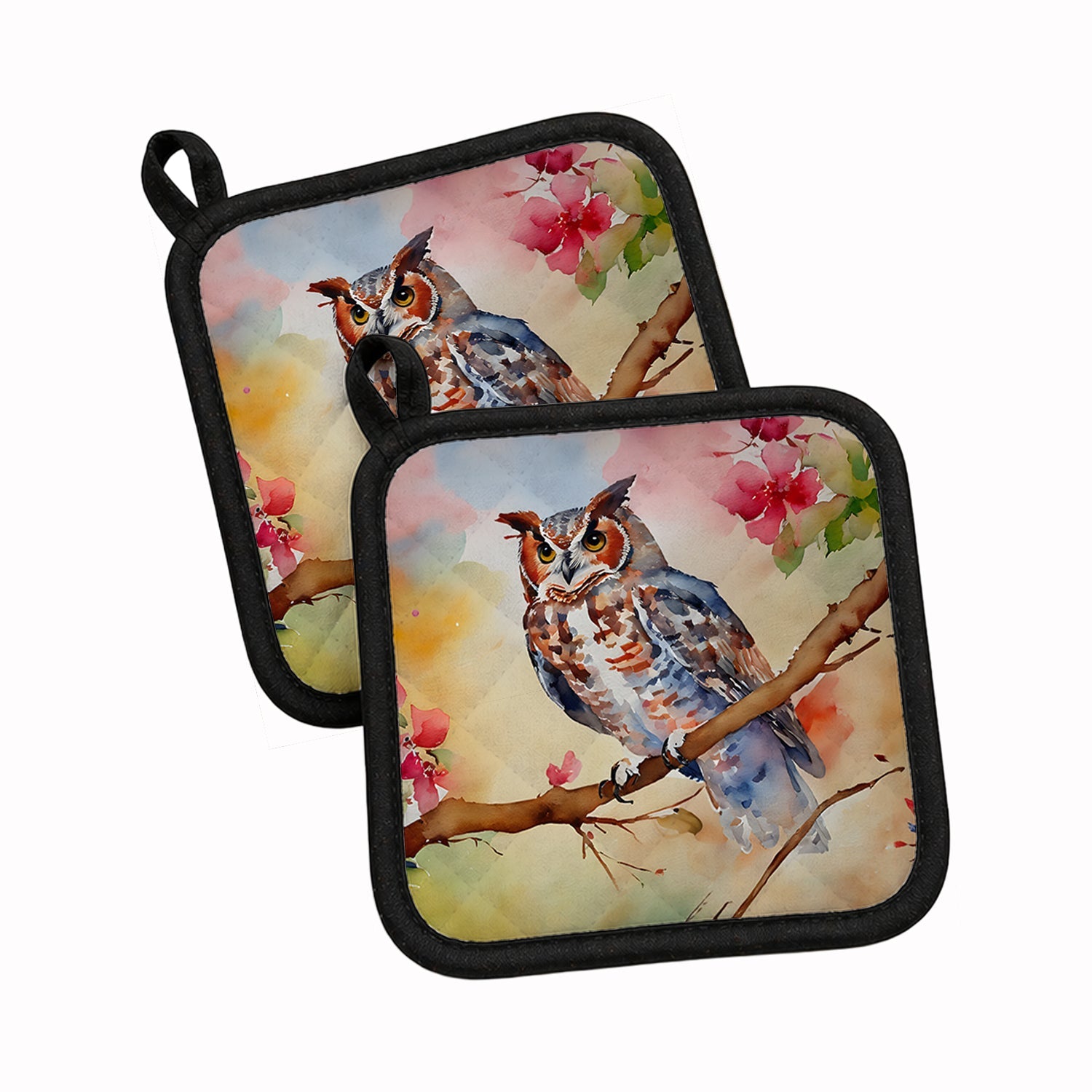 Eastern Screech Owl with Blossoms Pot Holder Set of 2 Heat Resistant Quilted Hot Pads 7.5 x 7.5 Inch, Insulated Kitchen Trivets for Cooking & Baking