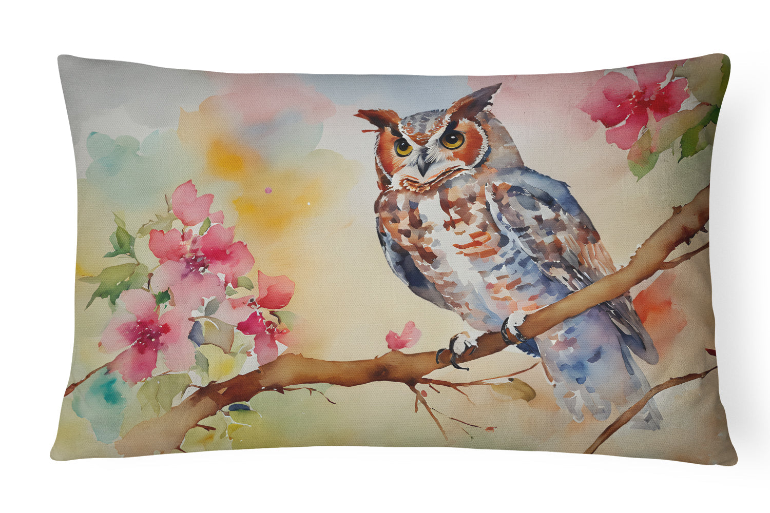 Eastern Screech Owl with Blossoms Decorative Throw Pillow 12x16 Indoor Outdoor Accent Cushion, Fabric Cover with Insert for Sofa, Bed, Porch & Living Room