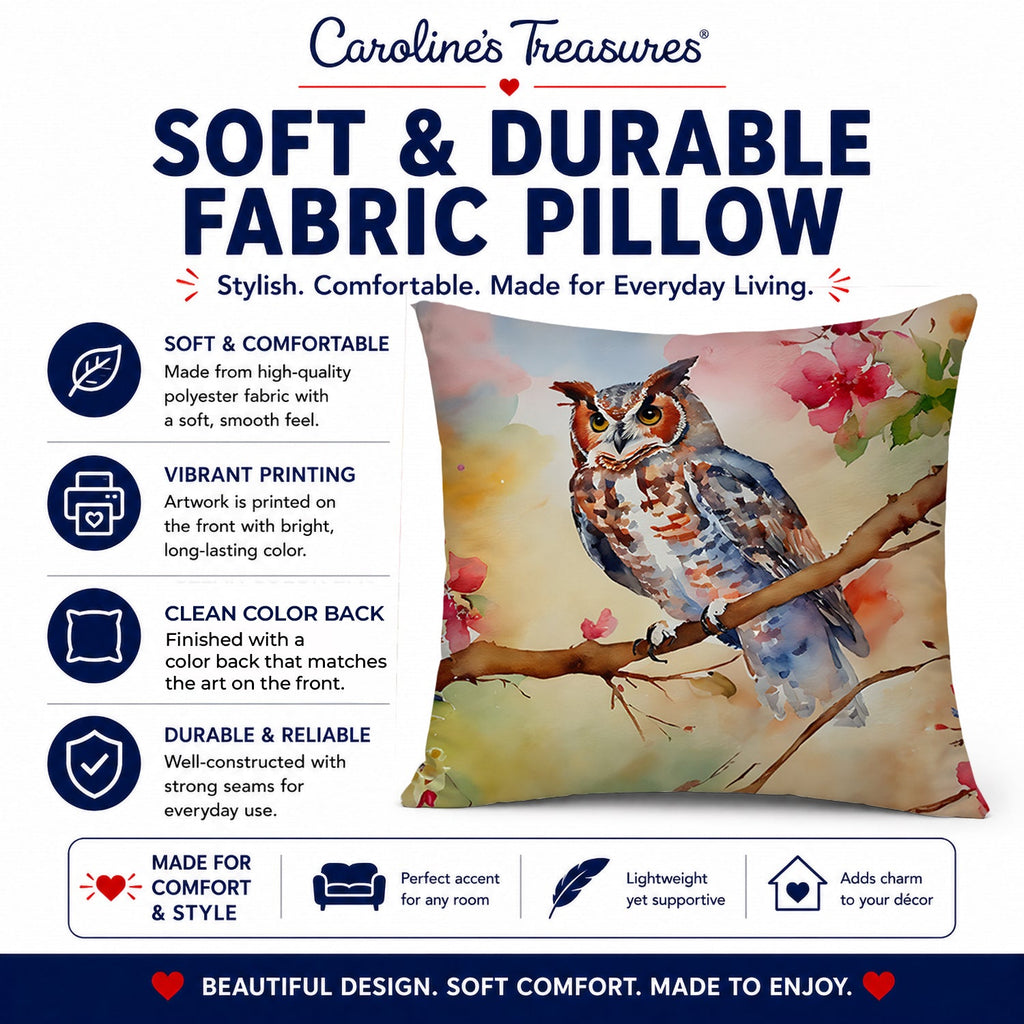 Eastern Screech Owl with Blossoms Decorative Throw Pillow 14x14 Indoor Outdoor Accent Cushion, Fabric Cover with Insert for Sofa, Bed, Porch & Living Room