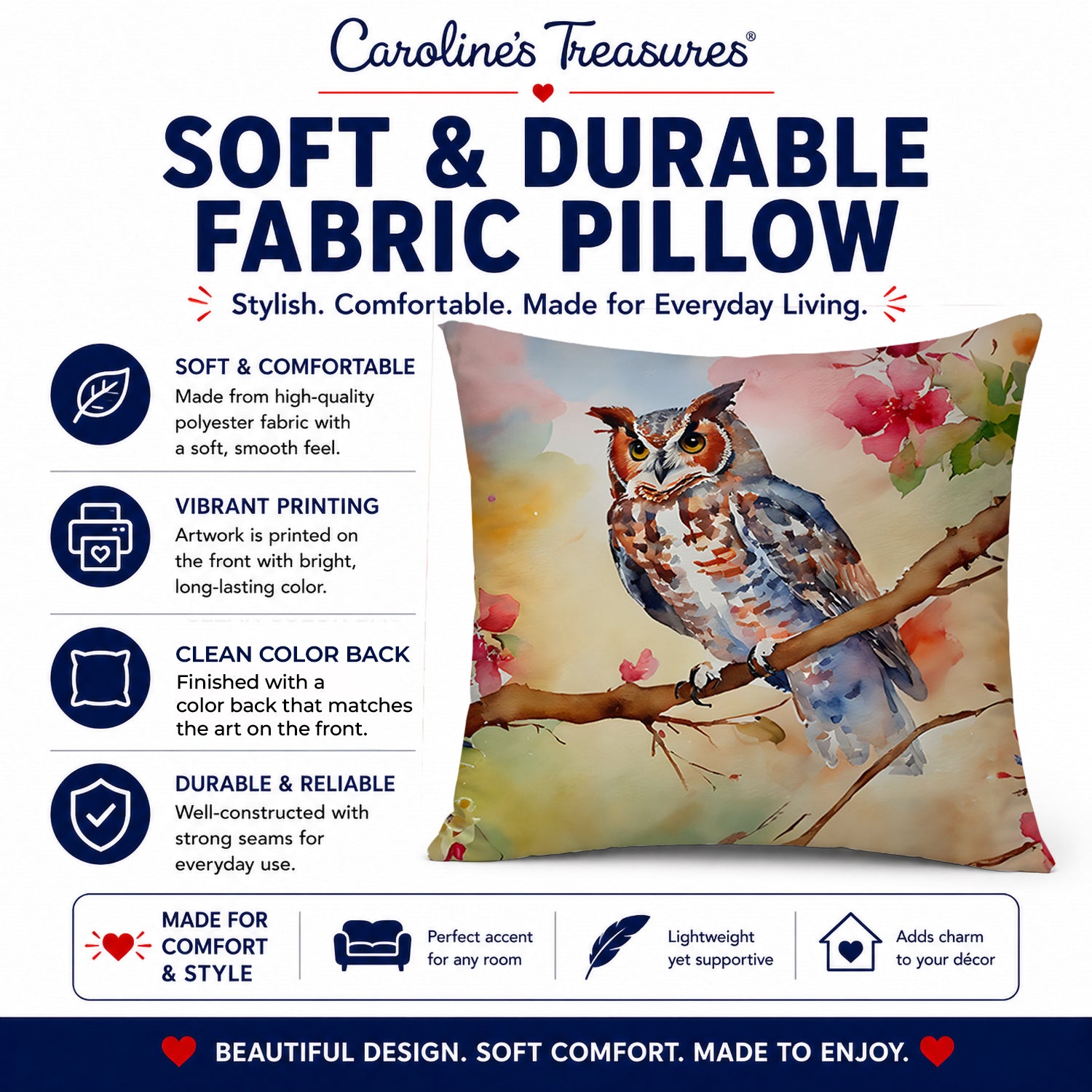 Eastern Screech Owl with Blossoms Decorative Throw Pillow 14x14 Indoor Outdoor Accent Cushion, Fabric Cover with Insert for Sofa, Bed, Porch & Living Room