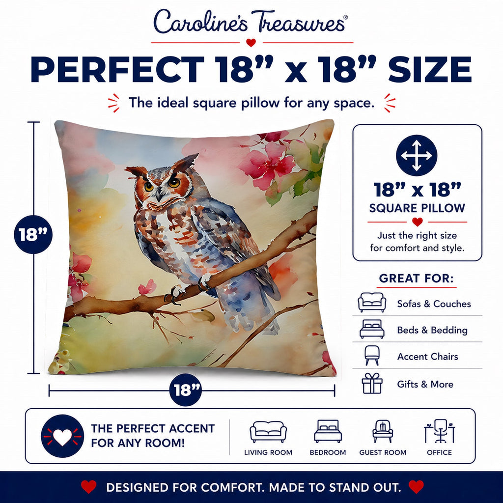 Eastern Screech Owl with Blossoms Decorative Throw Pillow 18x18 Indoor Outdoor Accent Cushion, Fabric Cover with Insert for Sofa, Bed, Porch & Living Room
