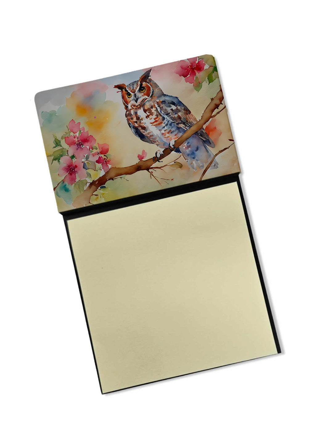 Eastern Screech Owl with Blossoms Watercolor Sticky Note Holder Refillable Dispenser Desk Accessory 3x3 Pad Gift