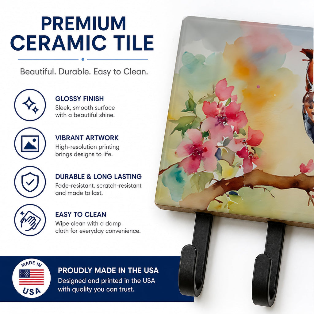 Eastern Screech Owl with Blossoms Leash or Key Holder Wall Hooks, Coat Rack Wall Mount, for Hanging Keys, Towels, Aprons, Leashes