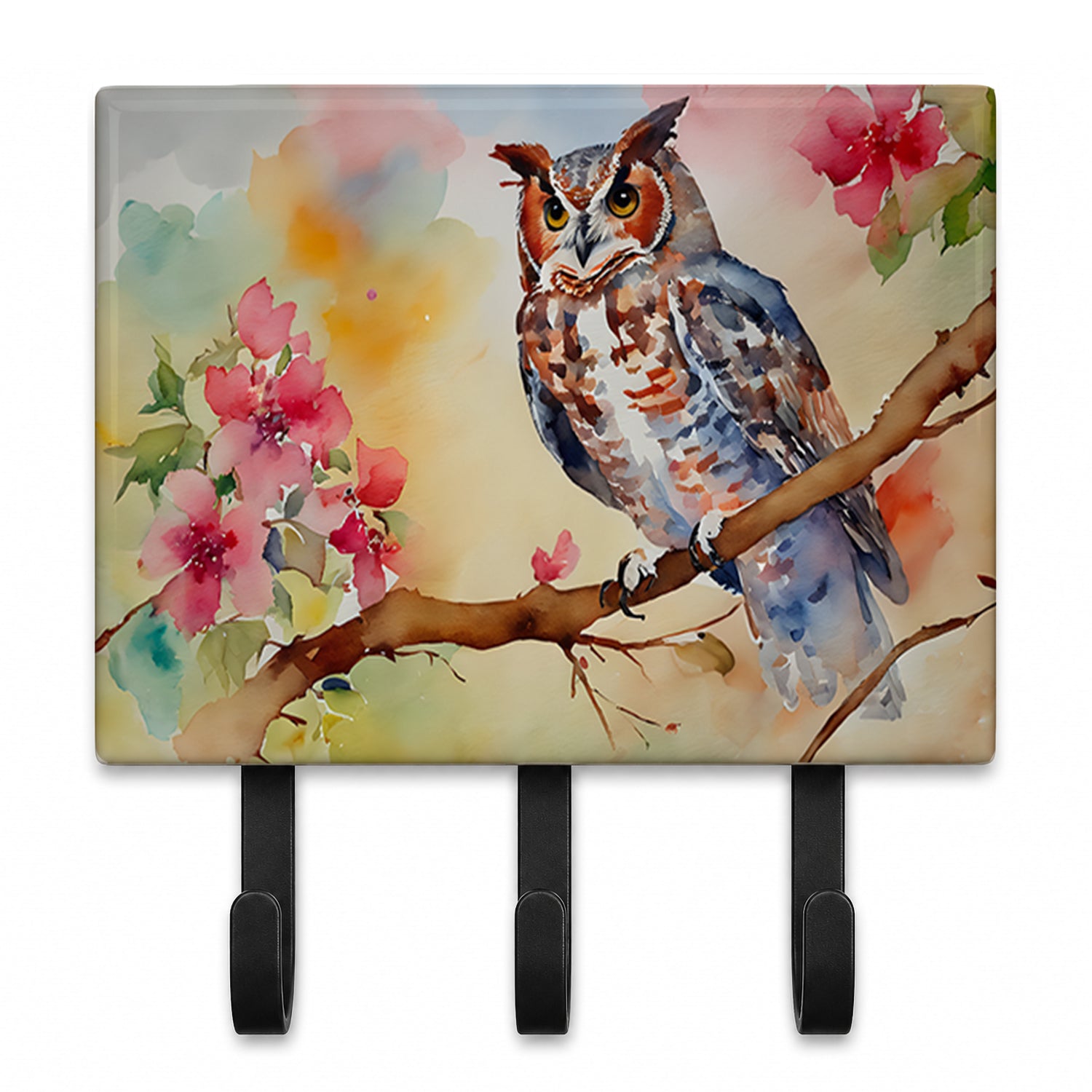 Eastern Screech Owl with Blossoms Leash or Key Holder Wall Hooks, Coat Rack Wall Mount, for Hanging Keys, Towels, Aprons, Leashes