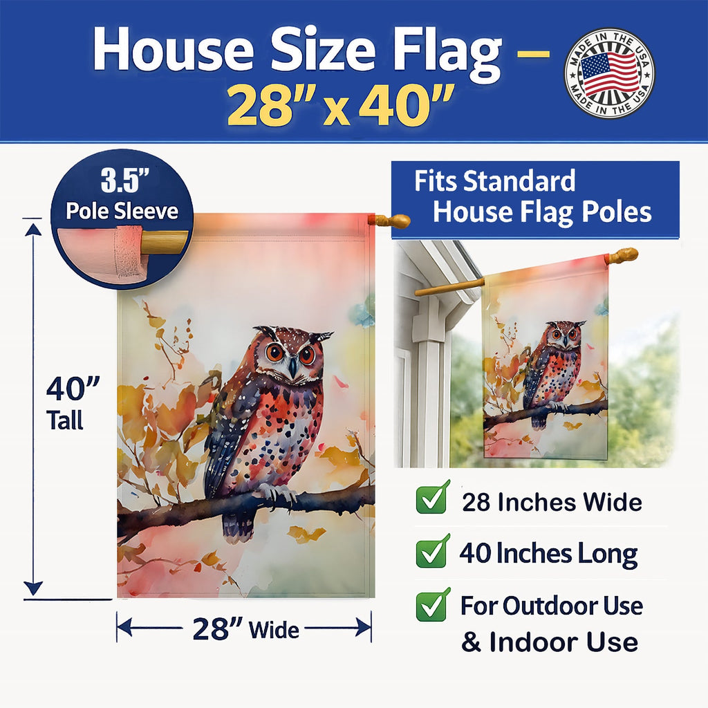 Elf Owl on Blossom Branch House Flag 28x40 Porch Sleeve Pole Decorative Outside Yard Banner Artwork Wall Hanging, Polyester