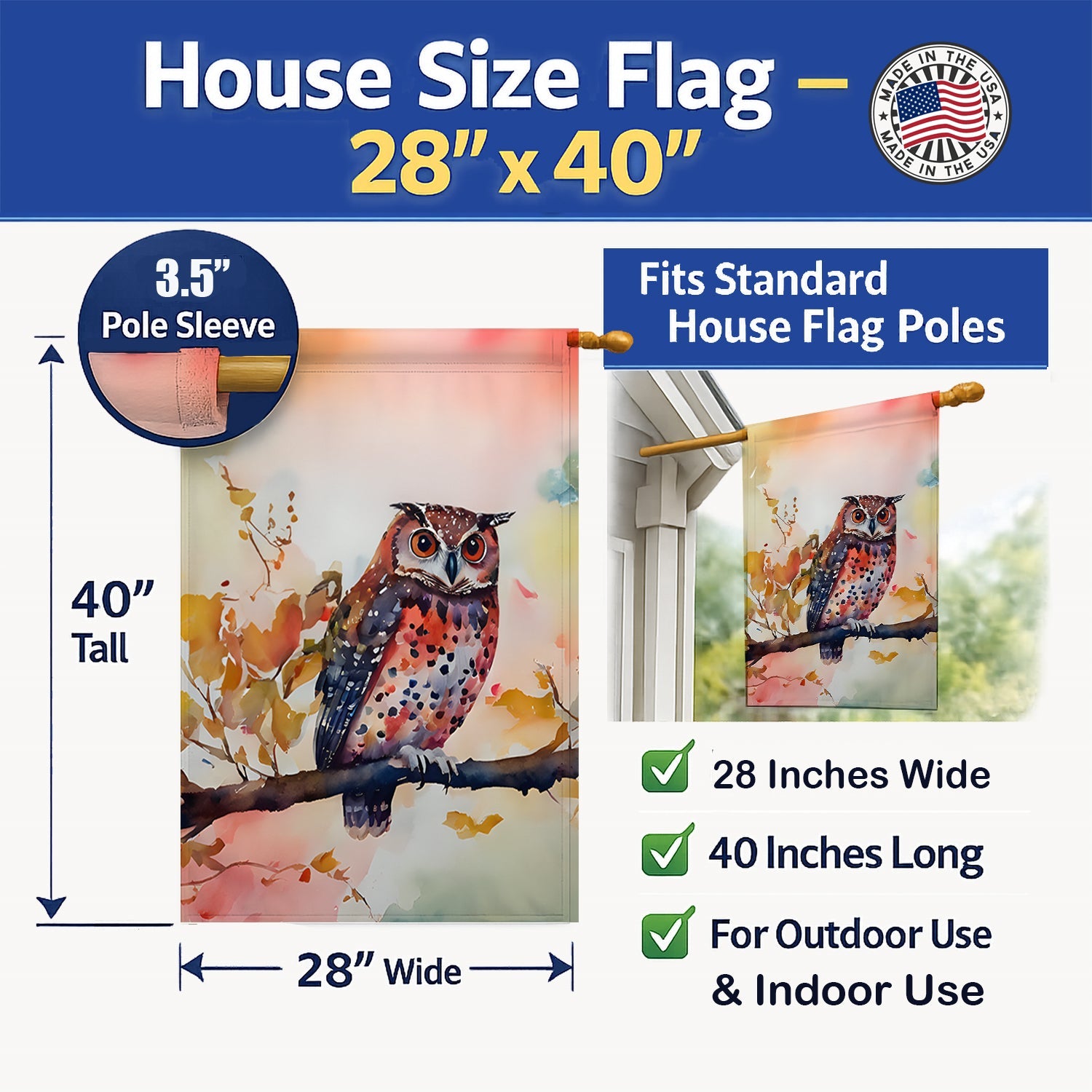 Elf Owl on Blossom Branch House Flag 28x40 Porch Sleeve Pole Decorative Outside Yard Banner Artwork Wall Hanging, Polyester