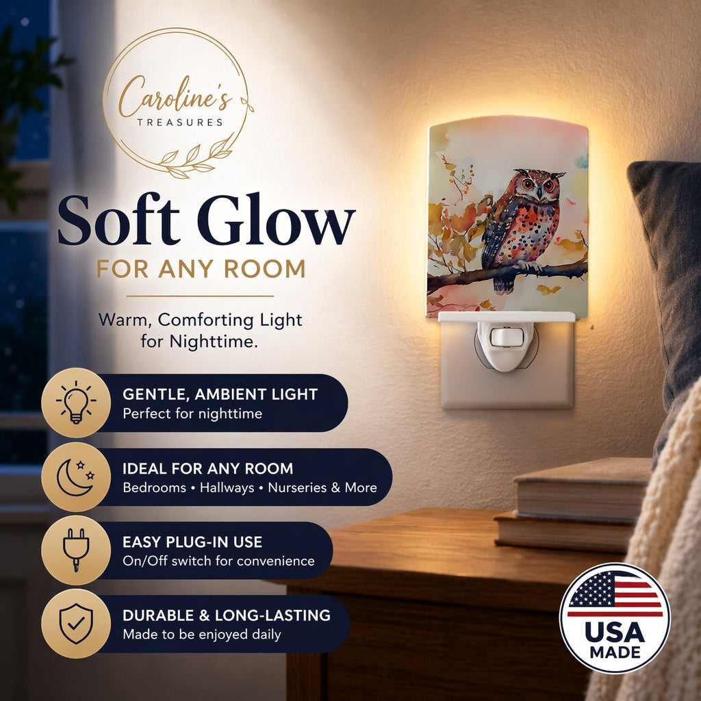 Elf Owl on Blossom Branch Ceramic Night Light Compact, UL-Certified, Ideal for Bedroom, Bathroom, Nursery, Hallway, Kitchen, 6x4x3, Multicolor