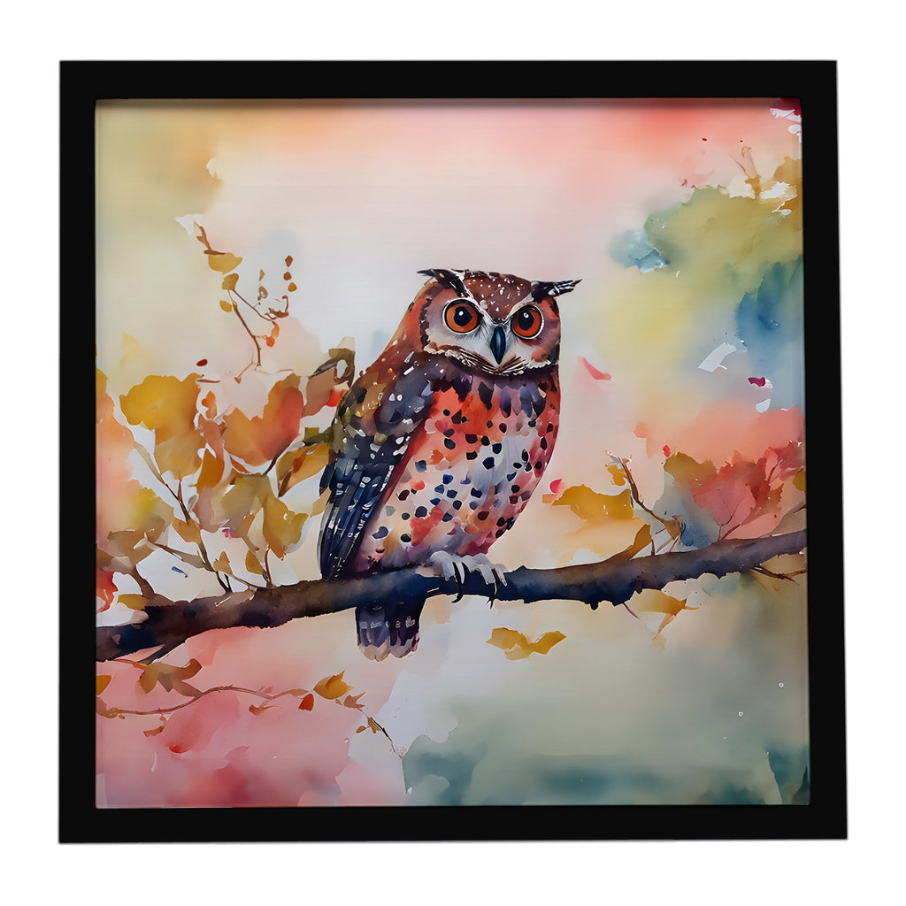 Elf Owl on Blossom Branch Framed Metal Print Bathroom, Kitchen, Office, Home Decor Wall Art Ready to Hang, Square, 8X8