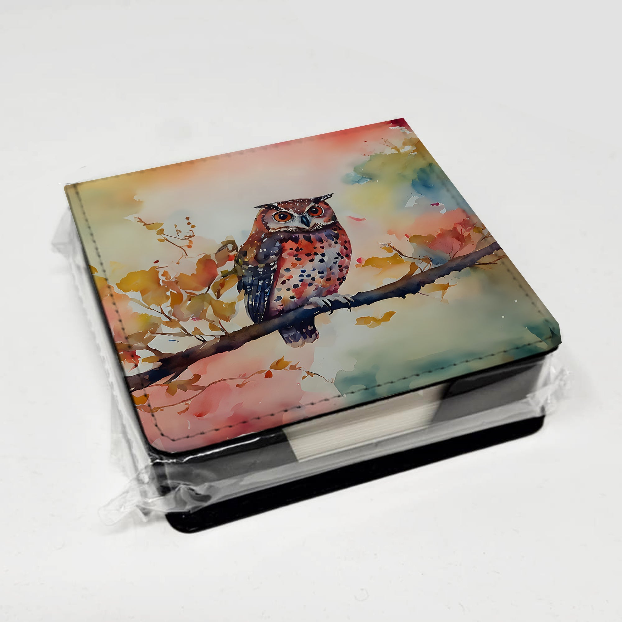 Elf Owl on Blossom Branch PU Leather Note Paper Holder with Artist-Designed Cover, Desk Accessory, Office Gift