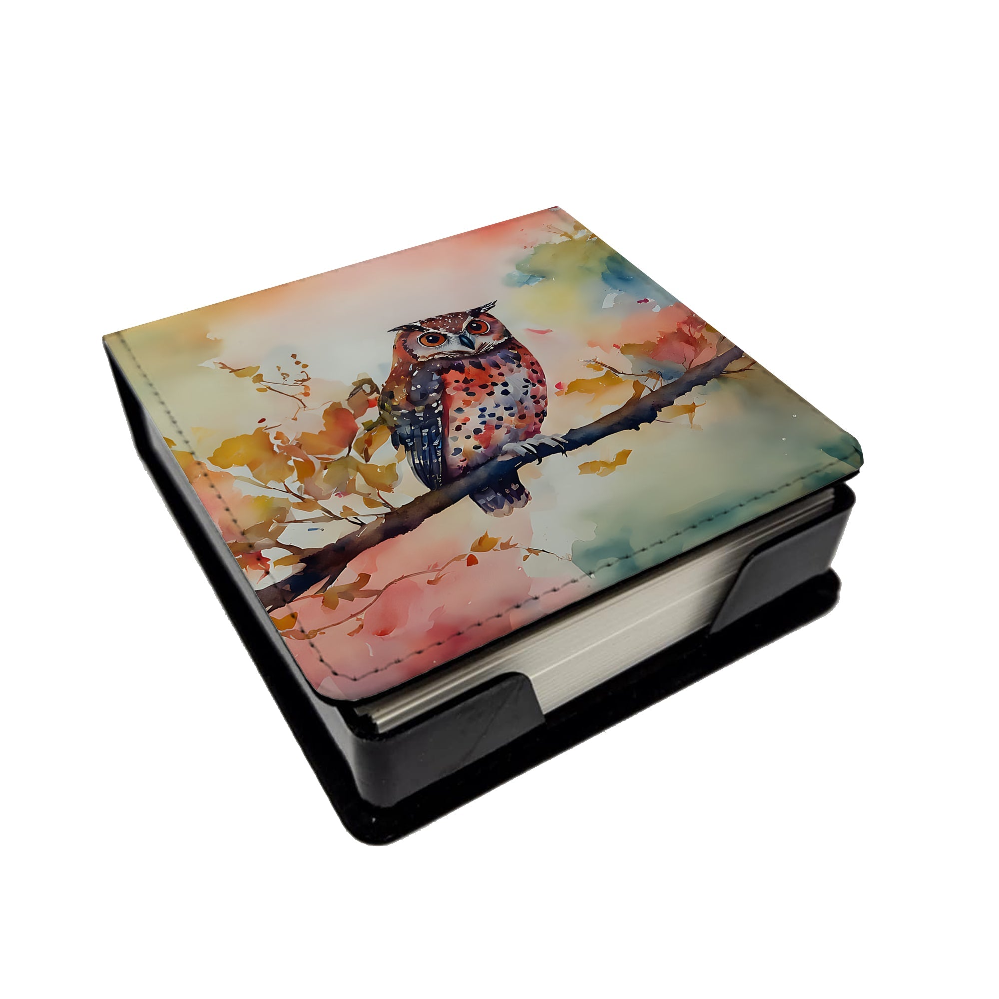 Elf Owl on Blossom Branch PU Leather Note Paper Holder with Artist-Designed Cover, Desk Accessory, Office Gift