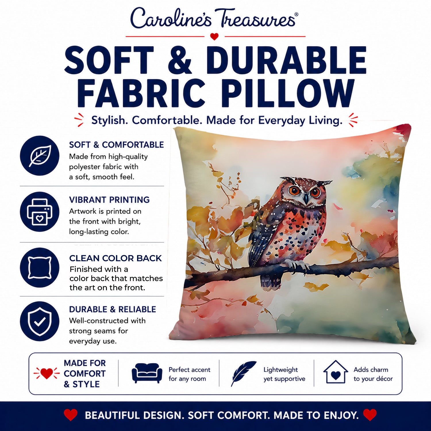 Elf Owl on Blossom Branch Decorative Throw Pillow 18x18 Indoor Outdoor Accent Cushion, Fabric Cover with Insert for Sofa, Bed, Porch & Living Room