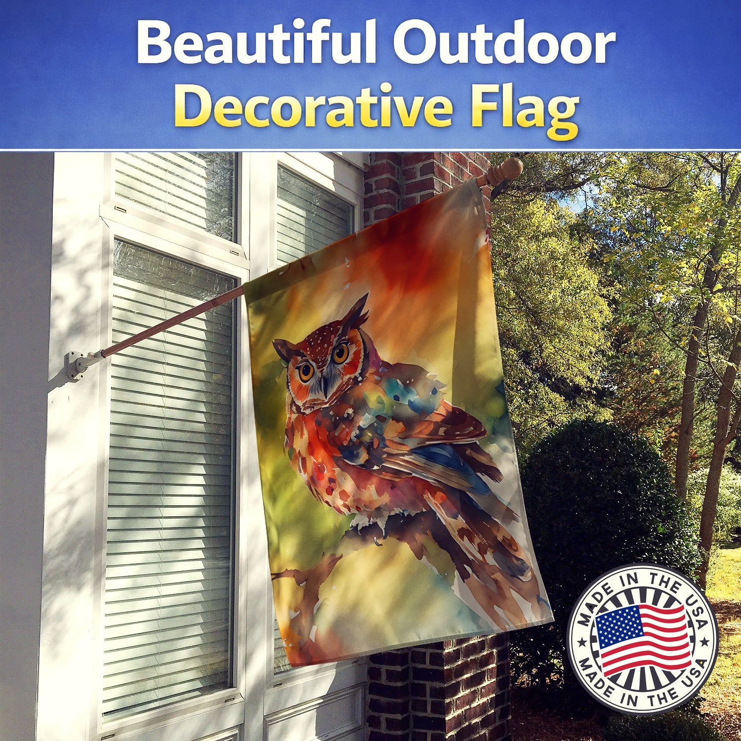 Elf Owl Perched Branch House Flag 28x40 Porch Sleeve Pole Decorative Outside Yard Banner Artwork Wall Hanging, Polyester