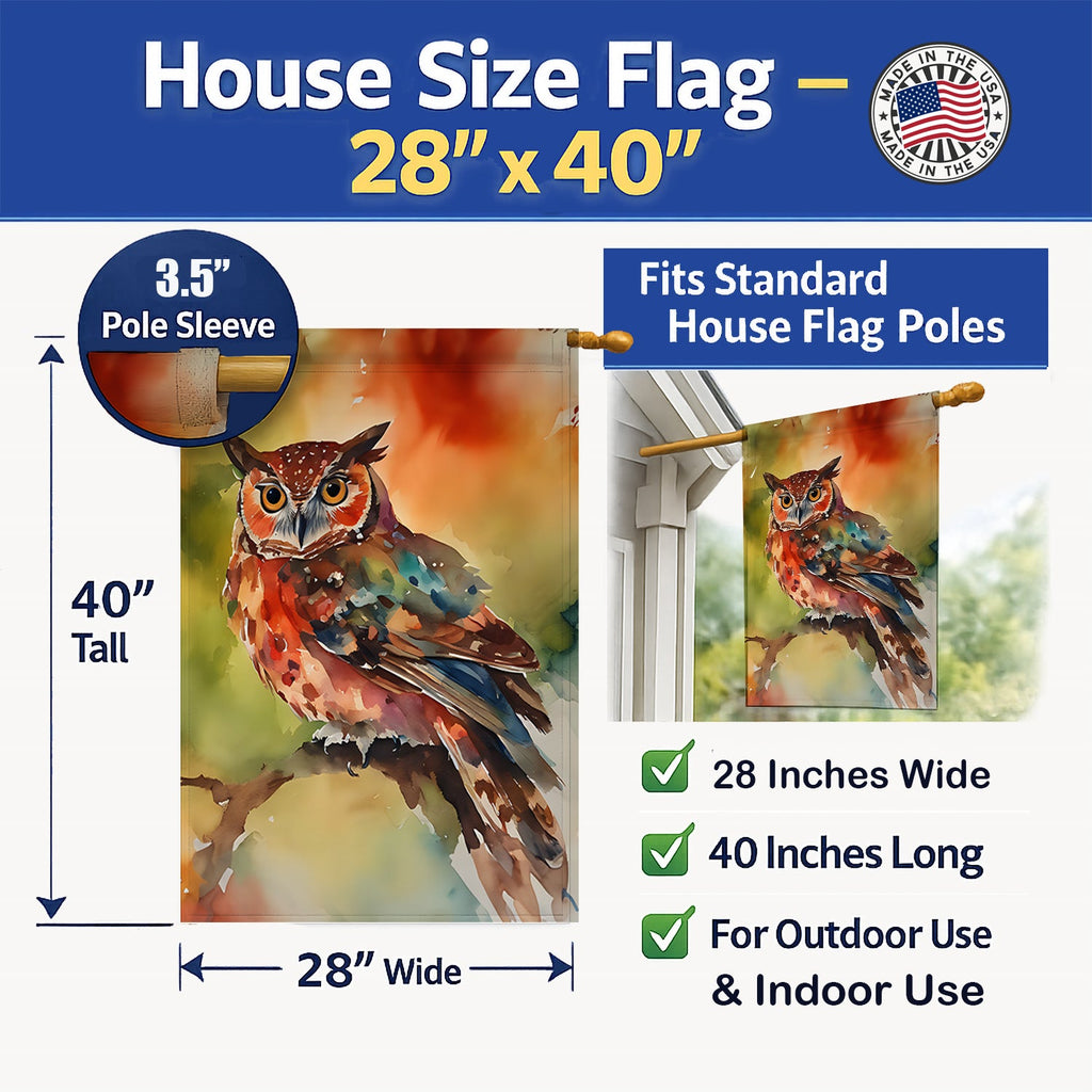 Elf Owl Perched Branch House Flag 28x40 Porch Sleeve Pole Decorative Outside Yard Banner Artwork Wall Hanging, Polyester