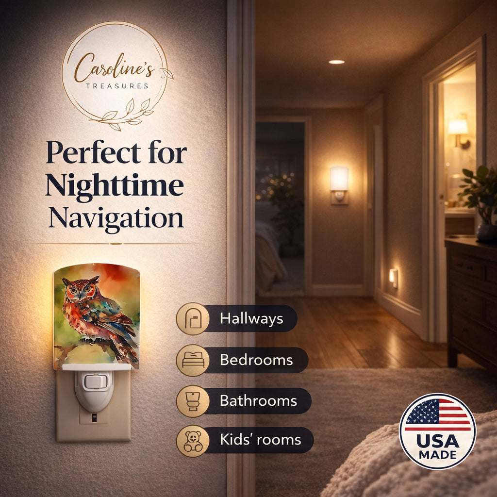 Elf Owl Perched Branch Ceramic Night Light Compact, UL-Certified, Ideal for Bedroom, Bathroom, Nursery, Hallway, Kitchen, 6x4x3, Multicolor
