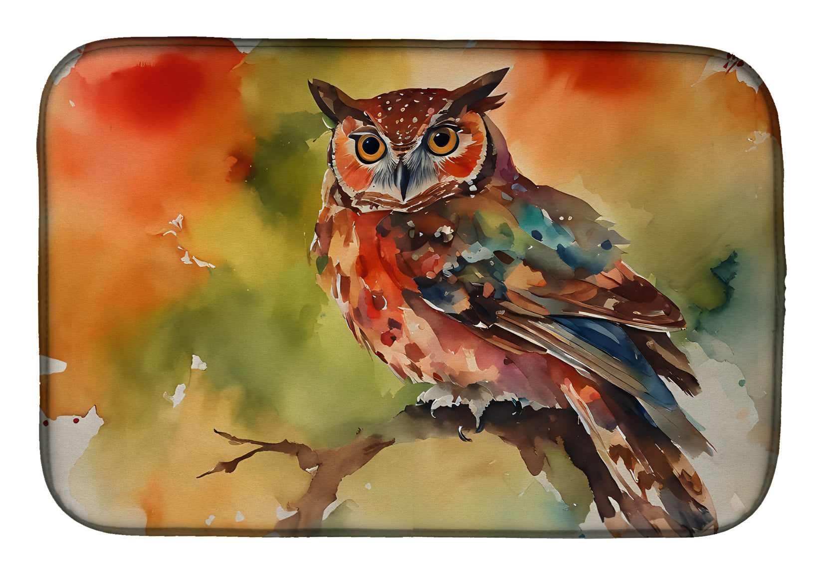 Elf Owl Perched Branch Dish Drying Mat Absorbent Dish Drying Mat Pad for Kitchen Counter Dish Drainer Mat for Countertop, 14 x 21", Multicolor