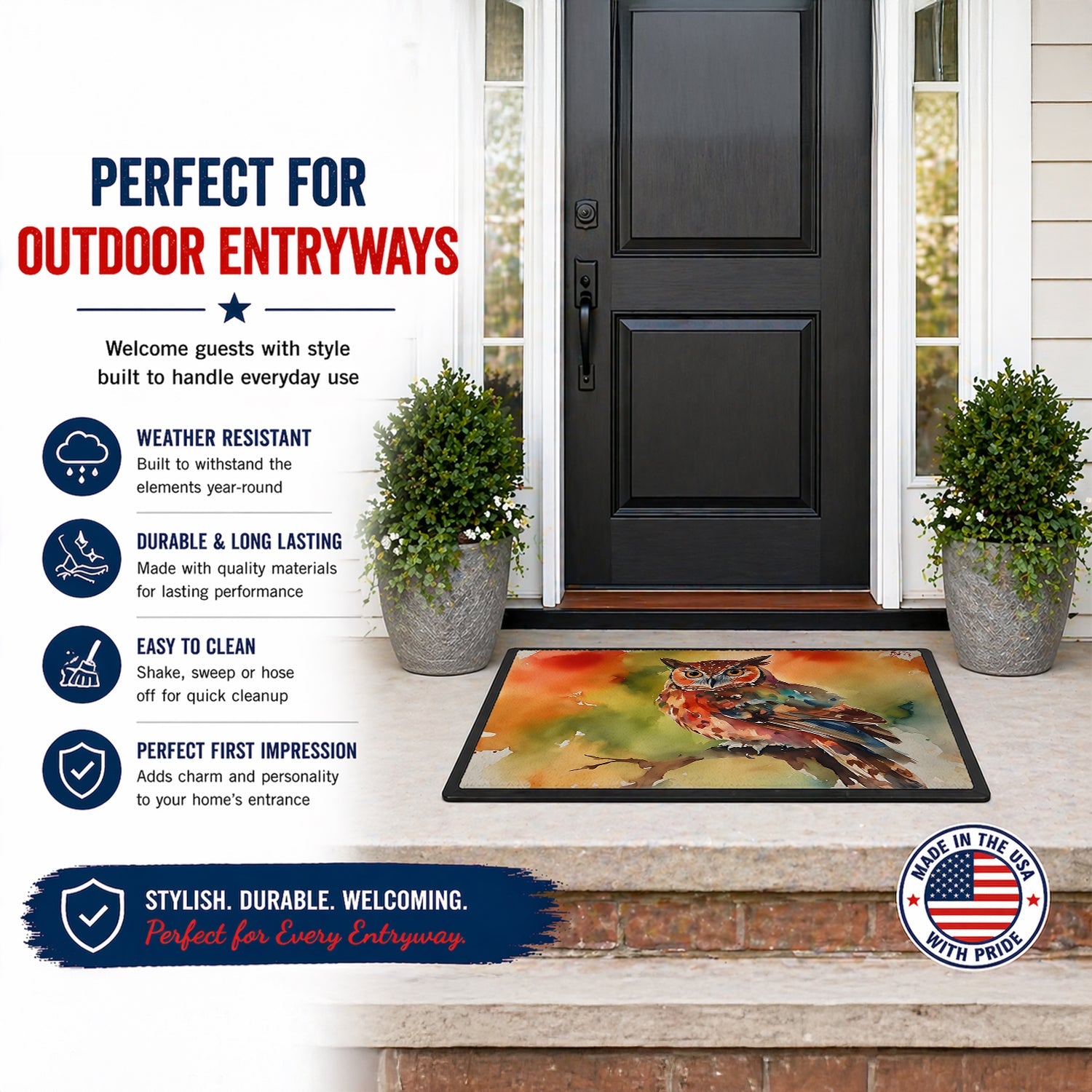 Elf Owl Perched Branch Doormat Indoor Outdoor 24H X 36W Front Door Mat Rugs for Entryway, Non Slip Washable Low Pile,