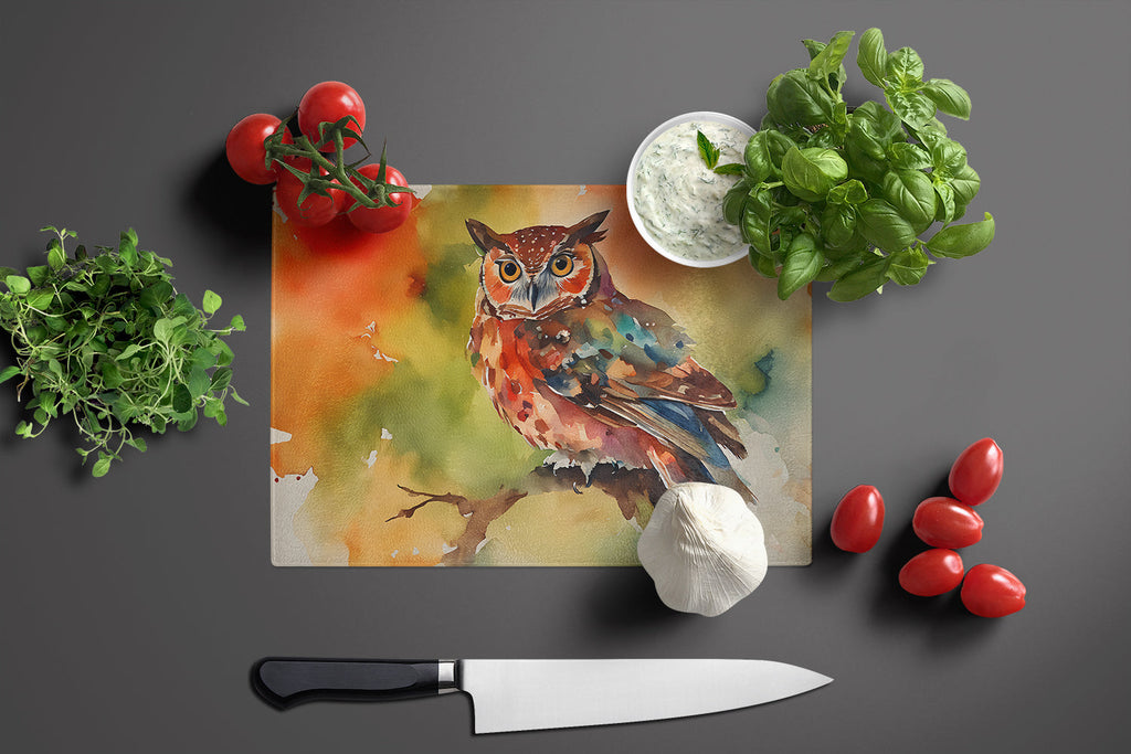 Elf Owl Perched Branch Cutting Board Tempered Glass Kitchen Cutting Surface, Heat Resistant Chopping, Non-Slip Feet, Food Prep & Serving