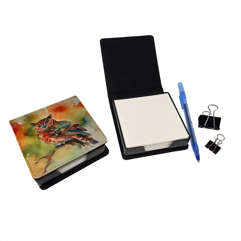 Elf Owl Perched Branch PU Leather Note Paper Holder with Artist-Designed Cover, Desk Accessory, Office Gift