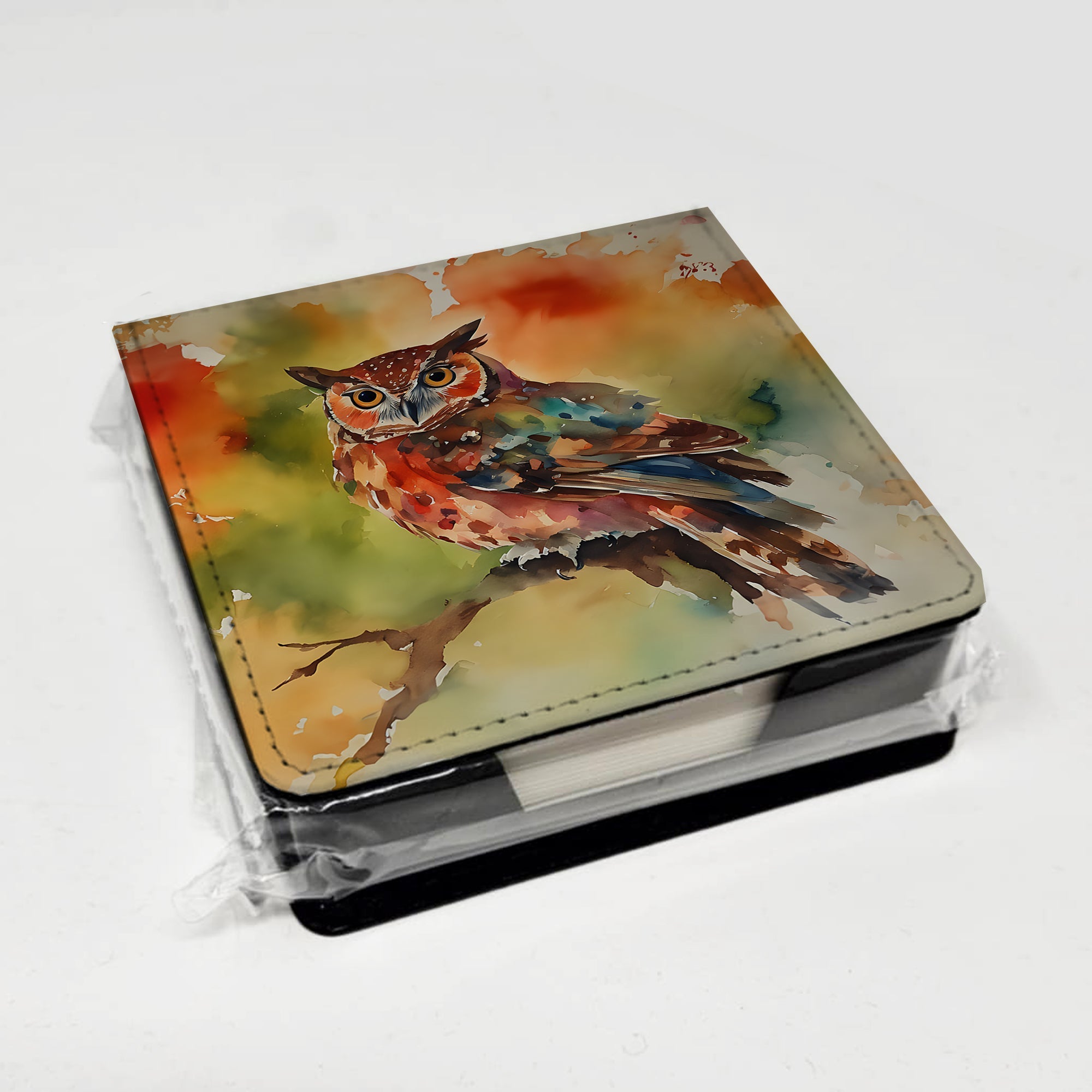 Elf Owl Perched Branch PU Leather Note Paper Holder with Artist-Designed Cover, Desk Accessory, Office Gift