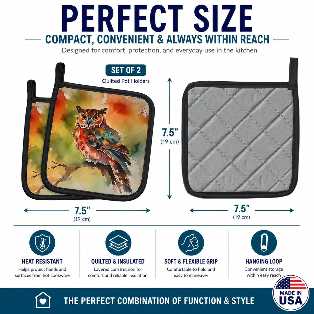 Elf Owl Perched Branch Pot Holder Set of 2 Heat Resistant Quilted Hot Pads 7.5 x 7.5 Inch, Insulated Kitchen Trivets for Cooking & Baking