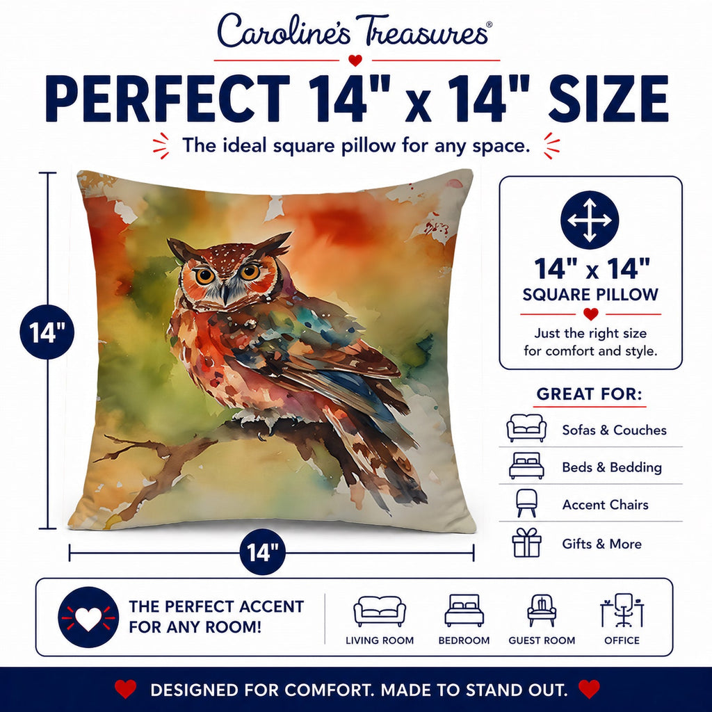 Elf Owl Perched Branch Decorative Throw Pillow 14x14 Indoor Outdoor Accent Cushion, Fabric Cover with Insert for Sofa, Bed, Porch & Living Room