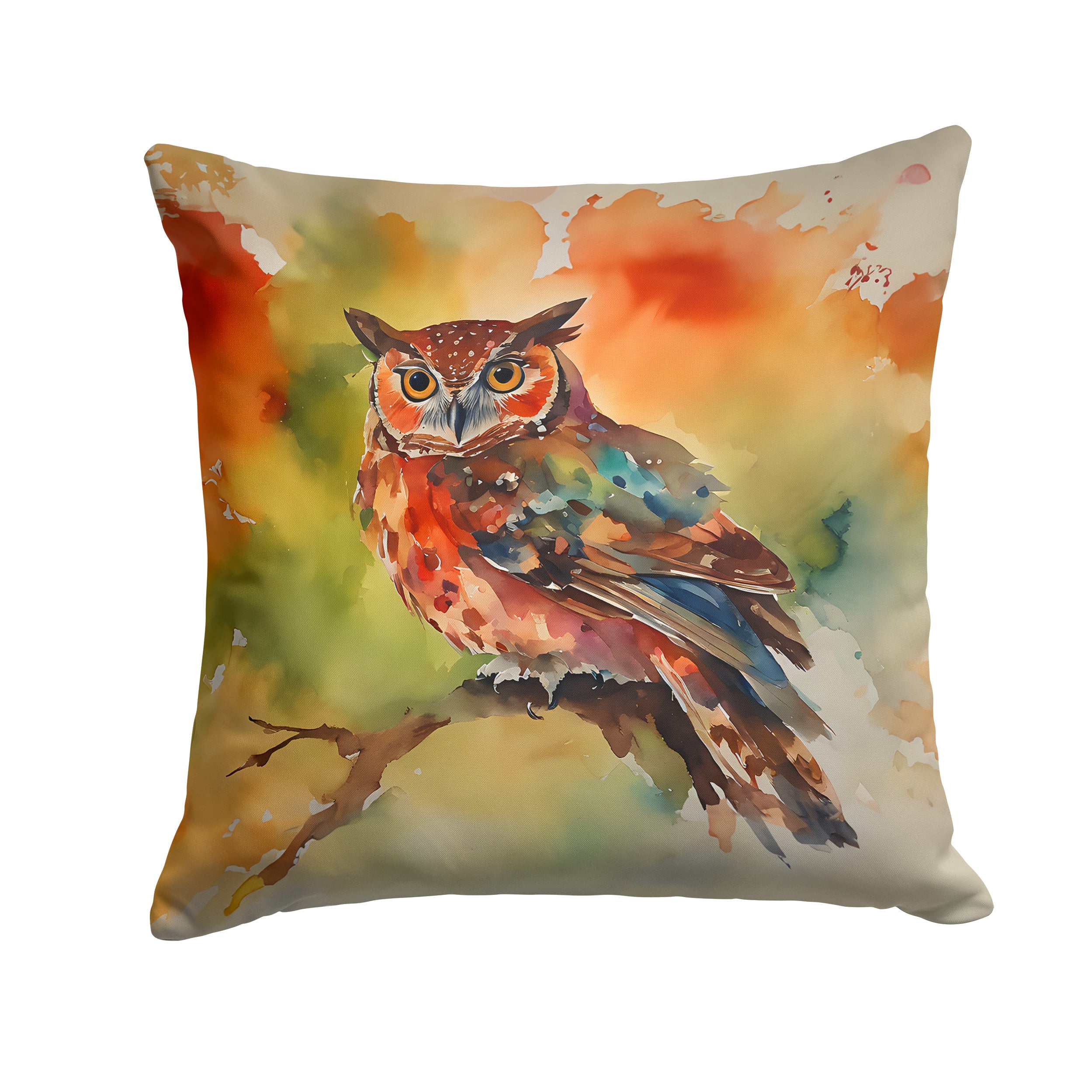 Elf Owl Perched Branch Decorative Throw Pillow 14x14 Indoor Outdoor Accent Cushion, Fabric Cover with Insert for Sofa, Bed, Porch & Living Room