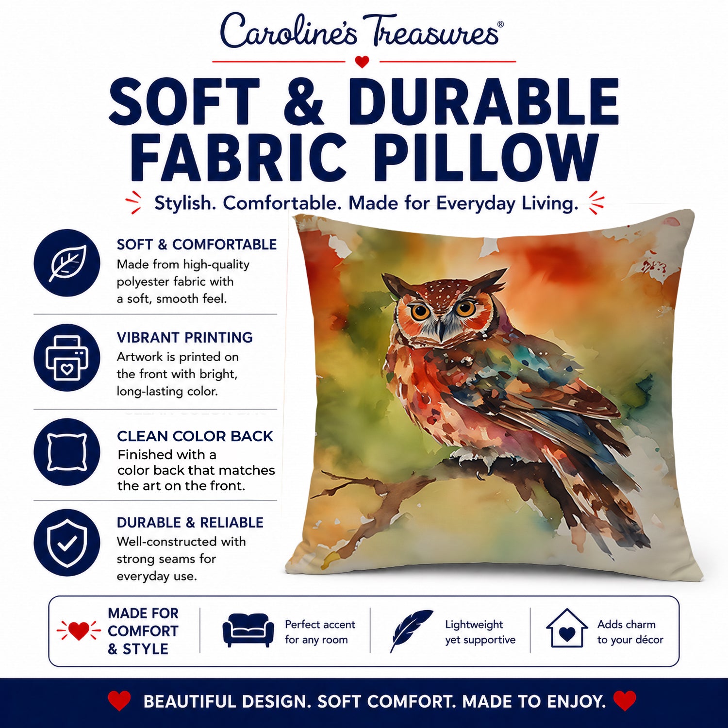 Elf Owl Perched Branch Decorative Throw Pillow 18x18 Indoor Outdoor Accent Cushion, Fabric Cover with Insert for Sofa, Bed, Porch & Living Room