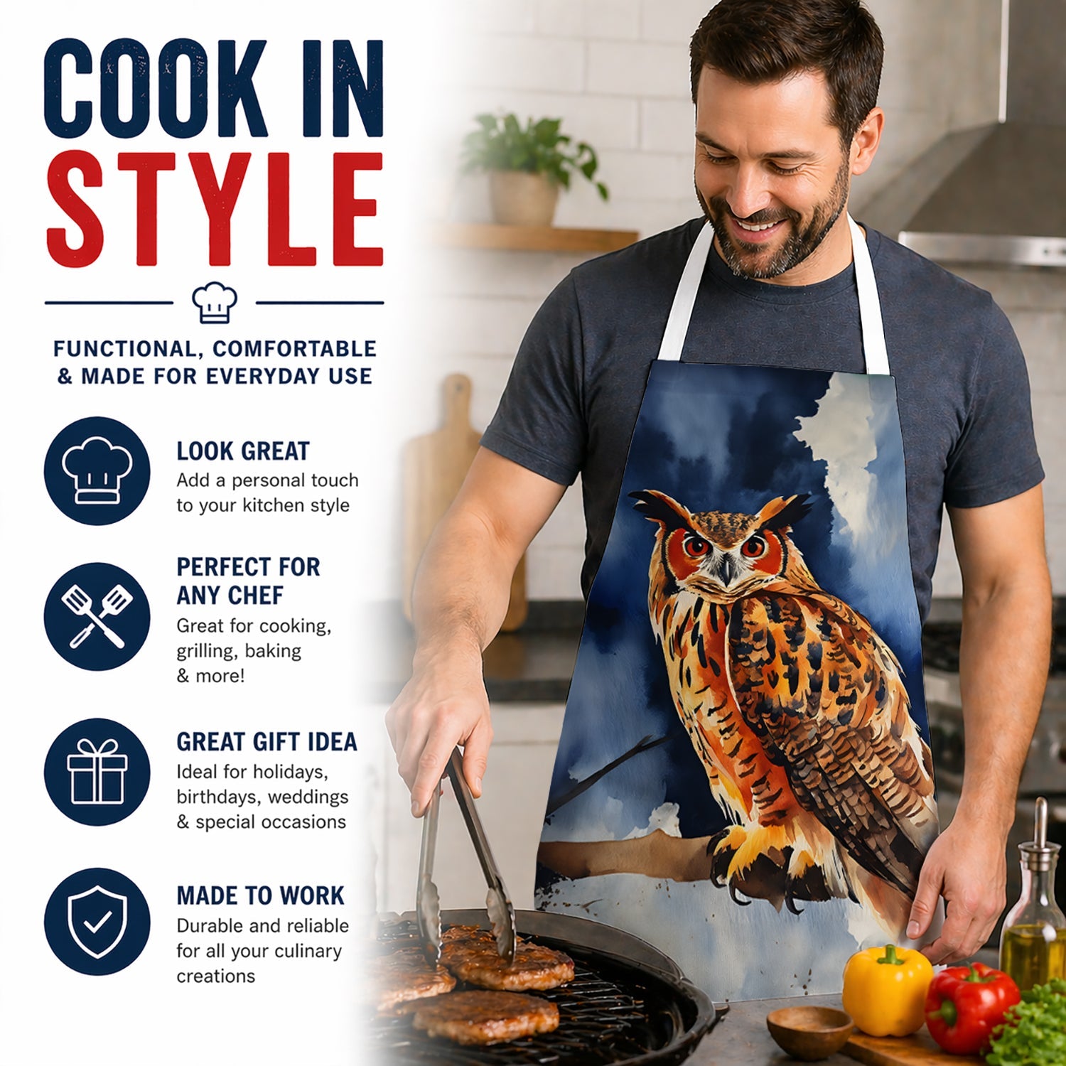 Eurasian Eagle Owl Perched Branch Apron Cooking Kitchen Server Baking Crafts Gardening for Adult Women Men, Unisex, Large, Multicolor