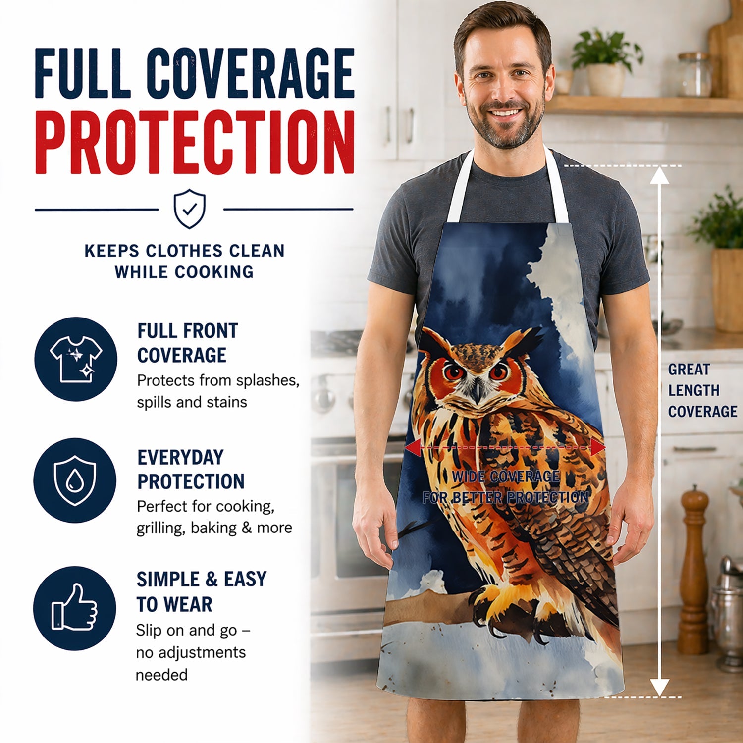 Eurasian Eagle Owl Perched Branch Apron Cooking Kitchen Server Baking Crafts Gardening for Adult Women Men, Unisex, Large, Multicolor