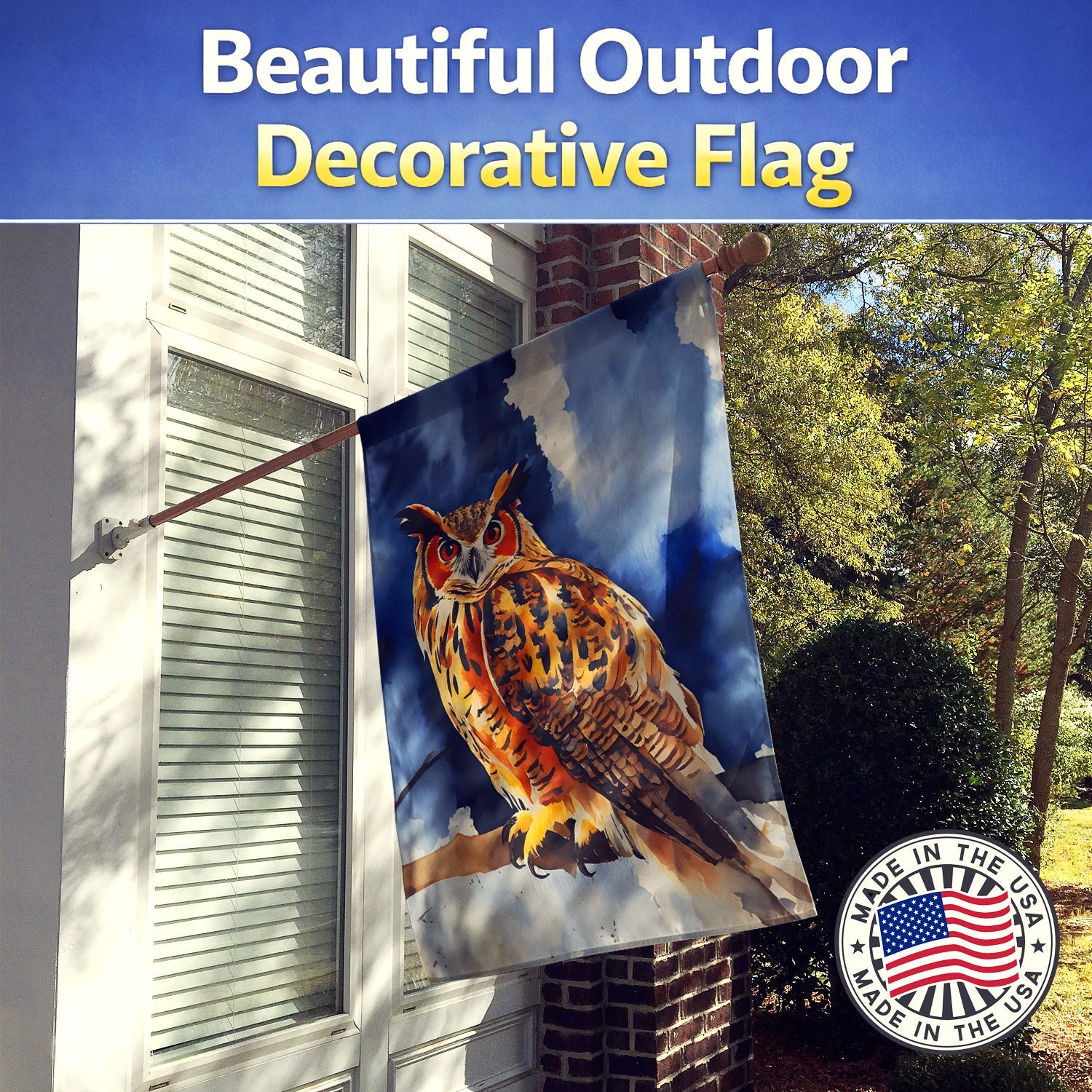 Eurasian Eagle Owl Perched Branch House Flag 28x40 Porch Sleeve Pole Decorative Outside Yard Banner Artwork Wall Hanging, Polyester