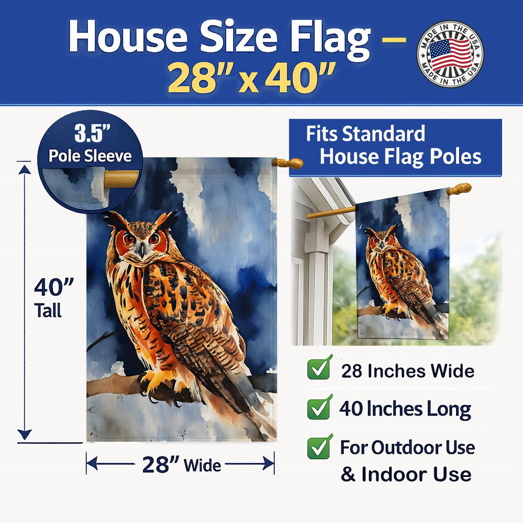Eurasian Eagle Owl Perched Branch House Flag 28x40 Porch Sleeve Pole Decorative Outside Yard Banner Artwork Wall Hanging, Polyester