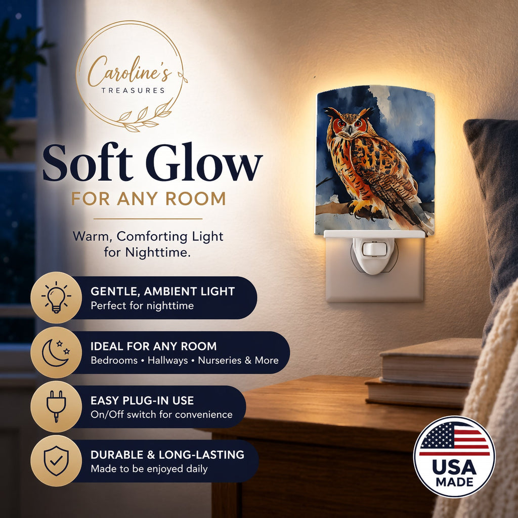 Eurasian Eagle Owl Perched Branch Ceramic Night Light Compact, UL-Certified, Ideal for Bedroom, Bathroom, Nursery, Hallway, Kitchen, 6x4x3, Multicolor