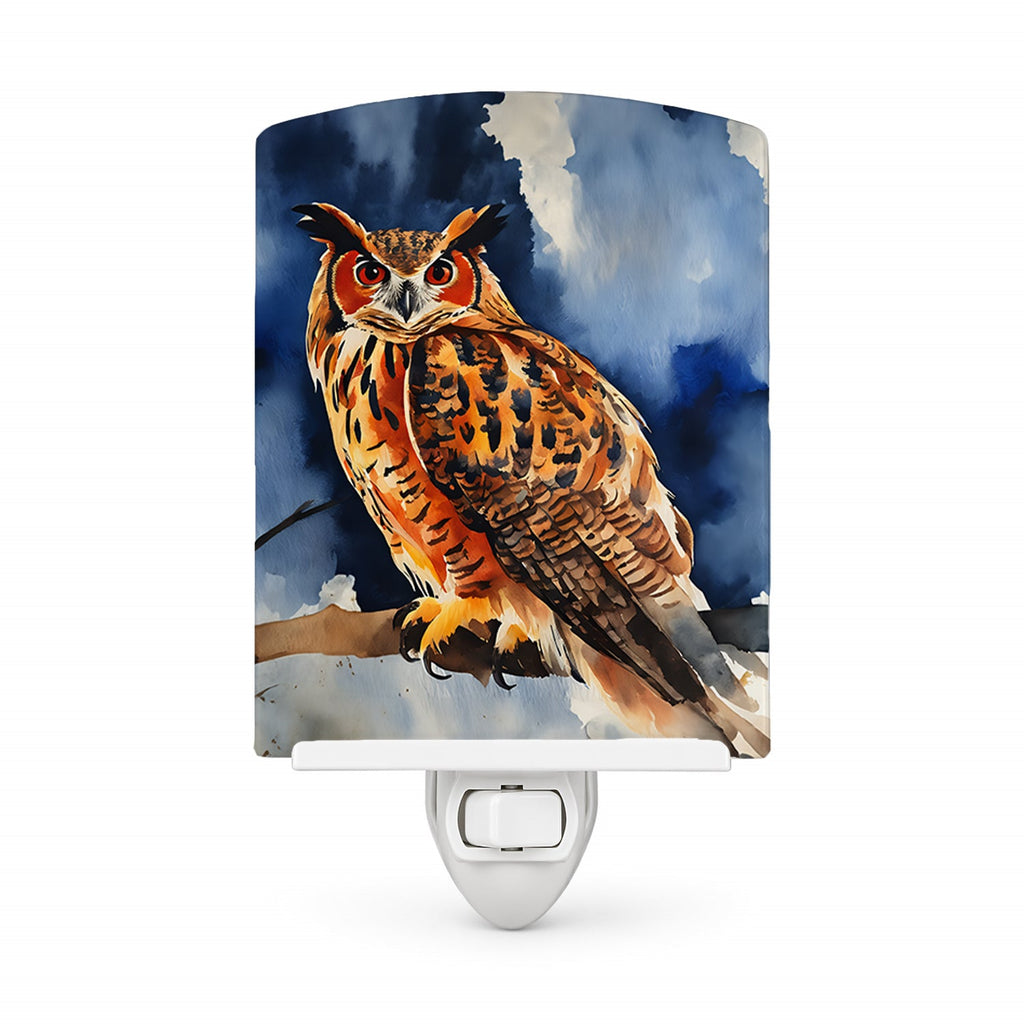 Eurasian Eagle Owl Perched Branch Ceramic Night Light Compact, UL-Certified, Ideal for Bedroom, Bathroom, Nursery, Hallway, Kitchen, 6x4x3, Multicolor