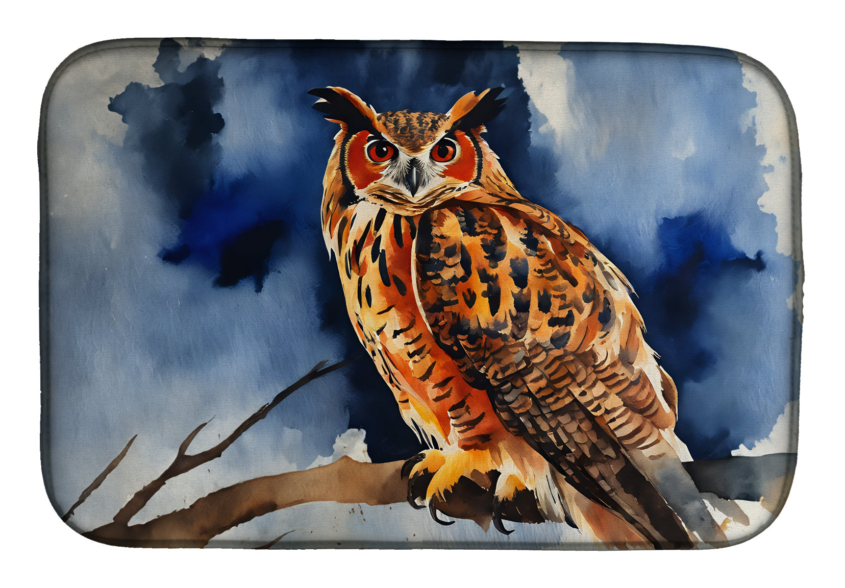 Eurasian Eagle Owl Perched Branch Dish Drying Mat Absorbent Dish Drying Mat Pad for Kitchen Counter Dish Drainer Mat for Countertop, 14 x 21", Multicolor