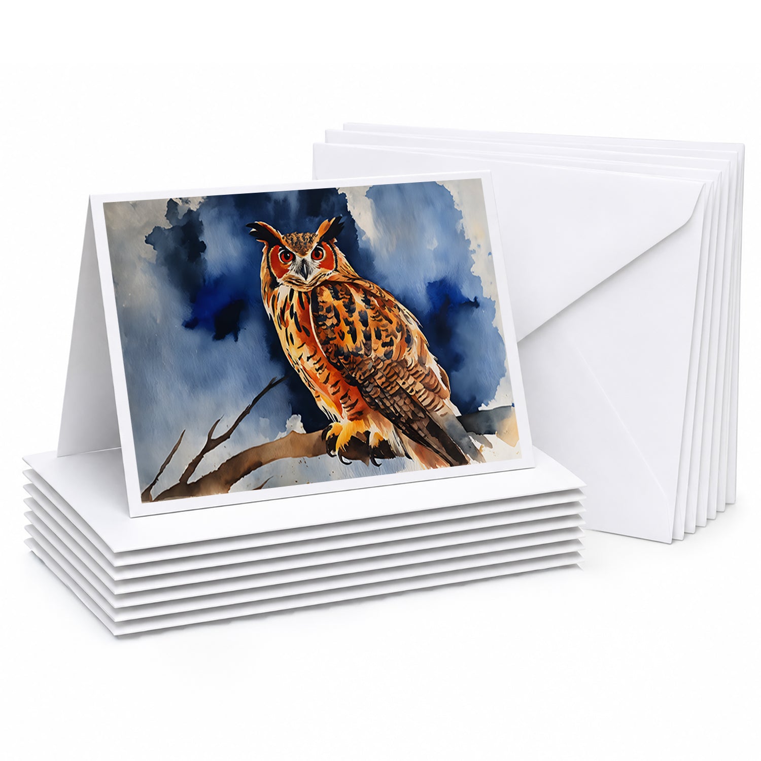 Eurasian Eagle Owl Perched Branch Greeting Cards Pack of 8 Blank Cards with Envelopes Whimsical A7 Size 5x7